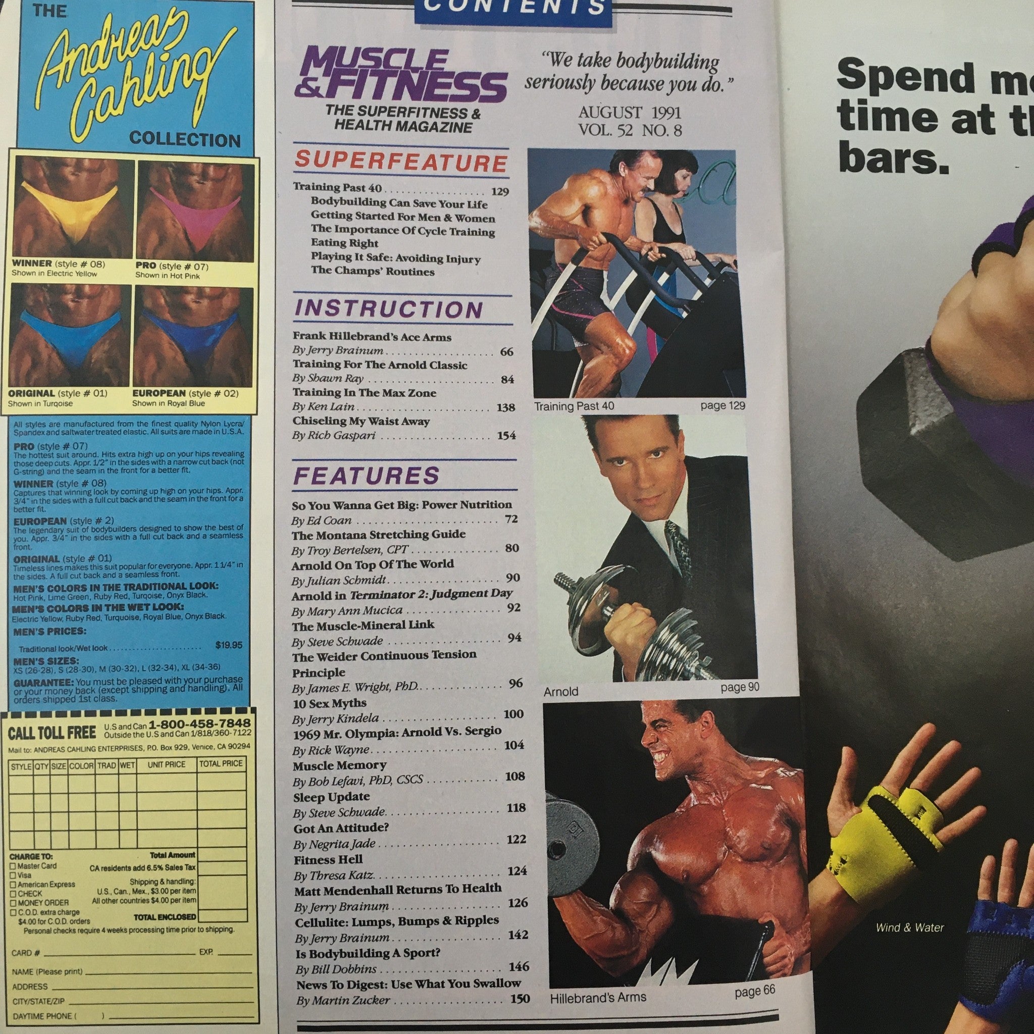 Muscle & Fitness Magazine August 1991 showcasing contents including articles on bodybuilding, fitness tips, and Arnold Schwarzenegger on the cover, representing a pivotal moment in fitness culture.