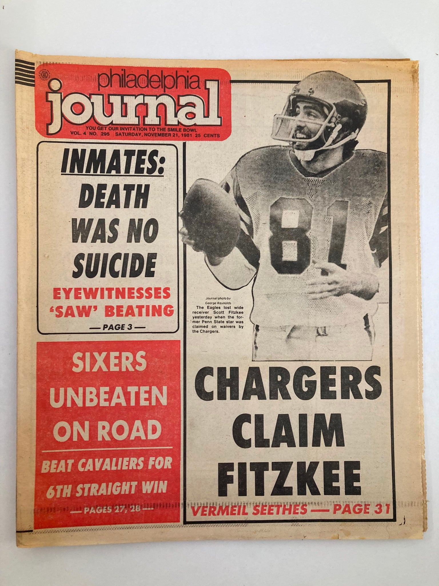 Philadelphia Journal Tabloid November 21 1981 Vol 4 295 NFL Eagles Scott Fitzkee