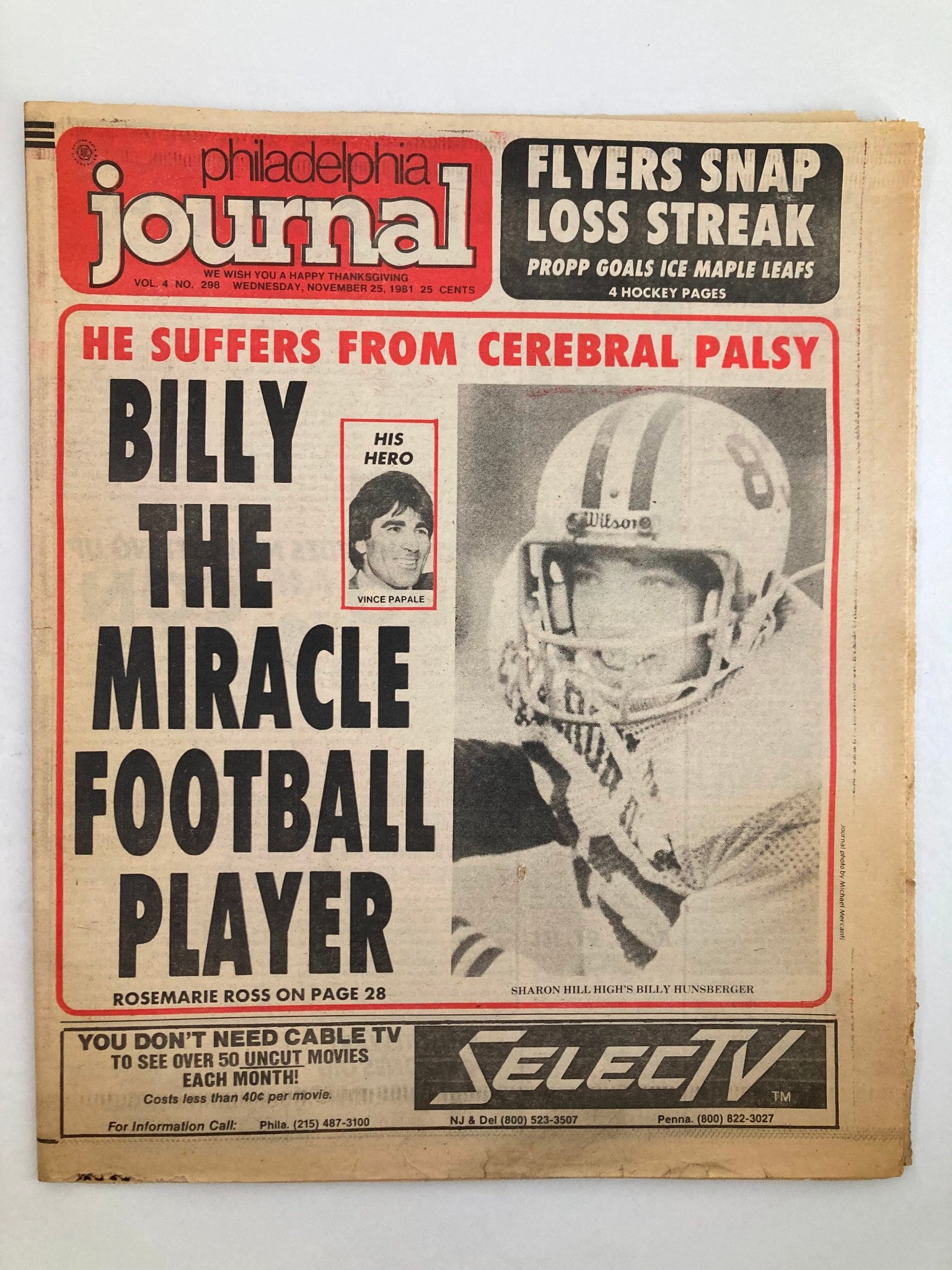 Philadelphia Journal Tabloid November 25 1981 Vol 4 #298 NFL Eagles Vince Papale