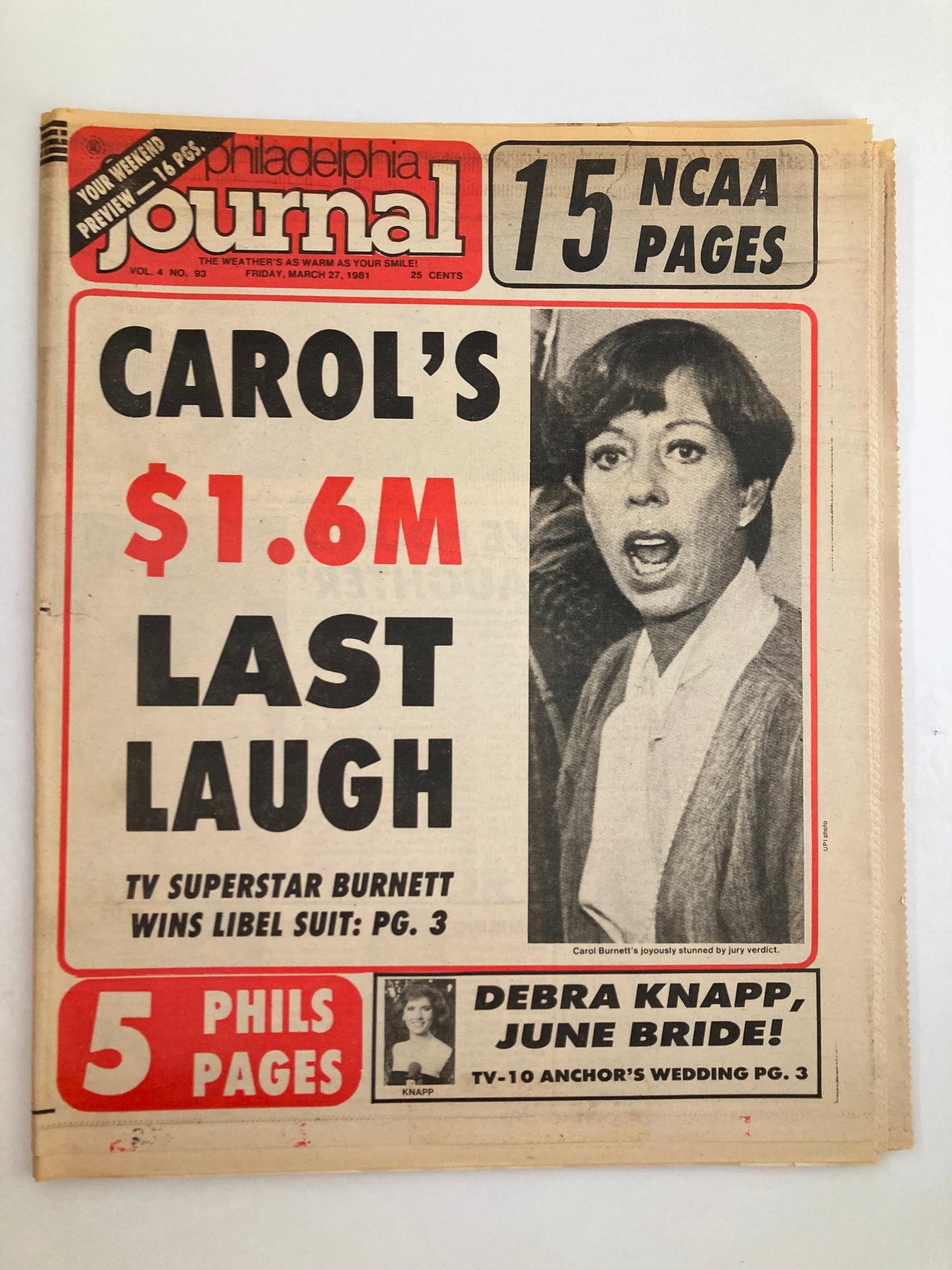 Philadelphia Journal Tabloid March 27 1981 Vol 4 #93 Carol Burnett, Debra Knapp