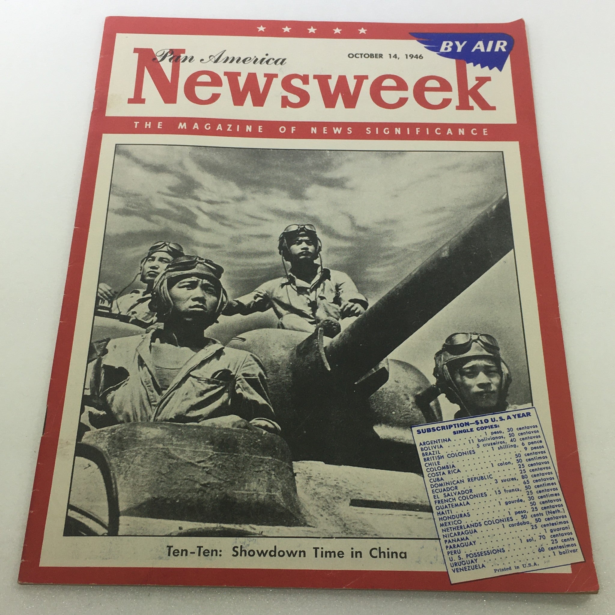 VTG Newsweek Magazine cover from October 14, 1946, featuring China soldiers and Pan America. The magazine highlights air travel and includes important news of the time, illustrated with a historical image of soldiers. The cover displays bold red and white design elements.