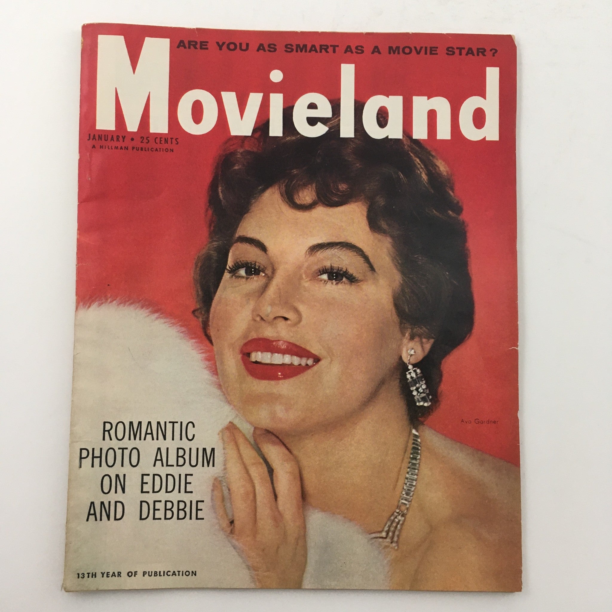 Cover of VTG Movieland January 1956 magazine featuring Ava Gardner, titled 'Movieland' with a focus on romance and Hollywood stars Eddie and Debbie.