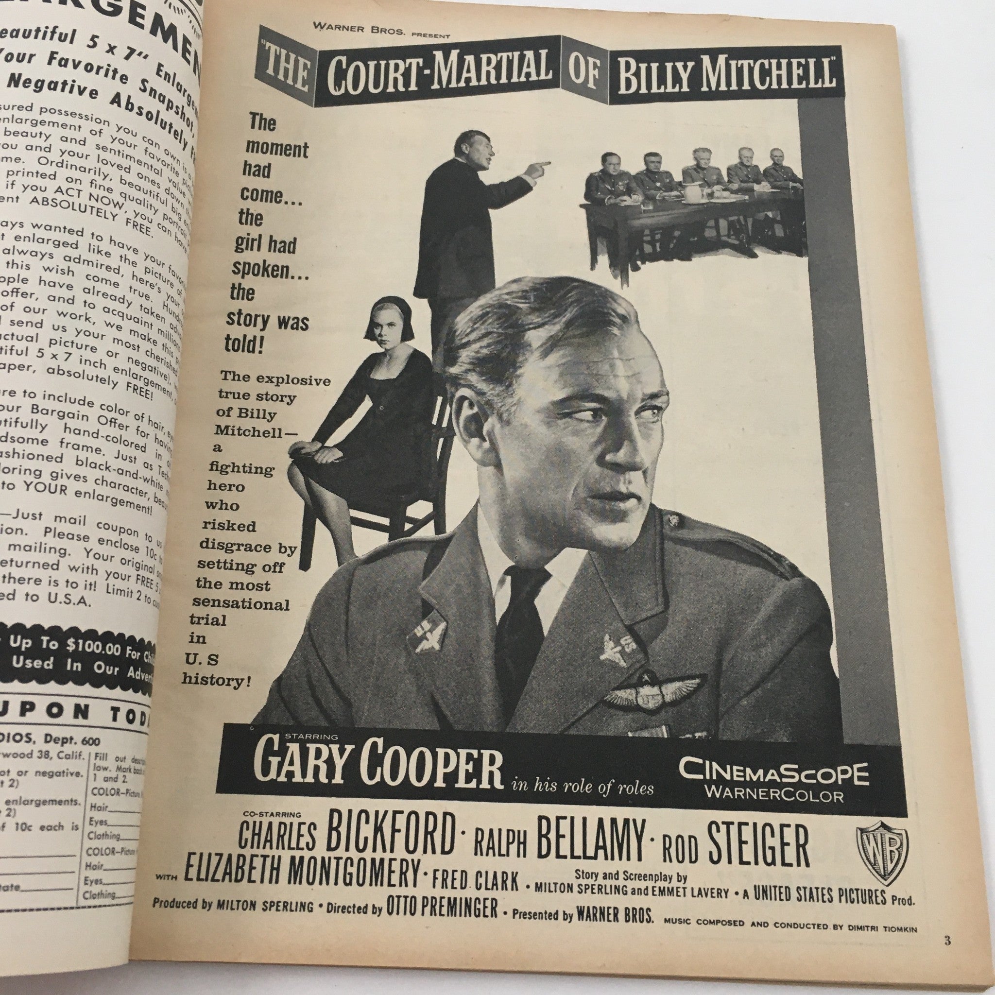 Interior page of VTG Movieland January 1956 magazine with an advertisement for the movie 'The Court-Martial of Billy Mitchell' starring Gary Cooper.