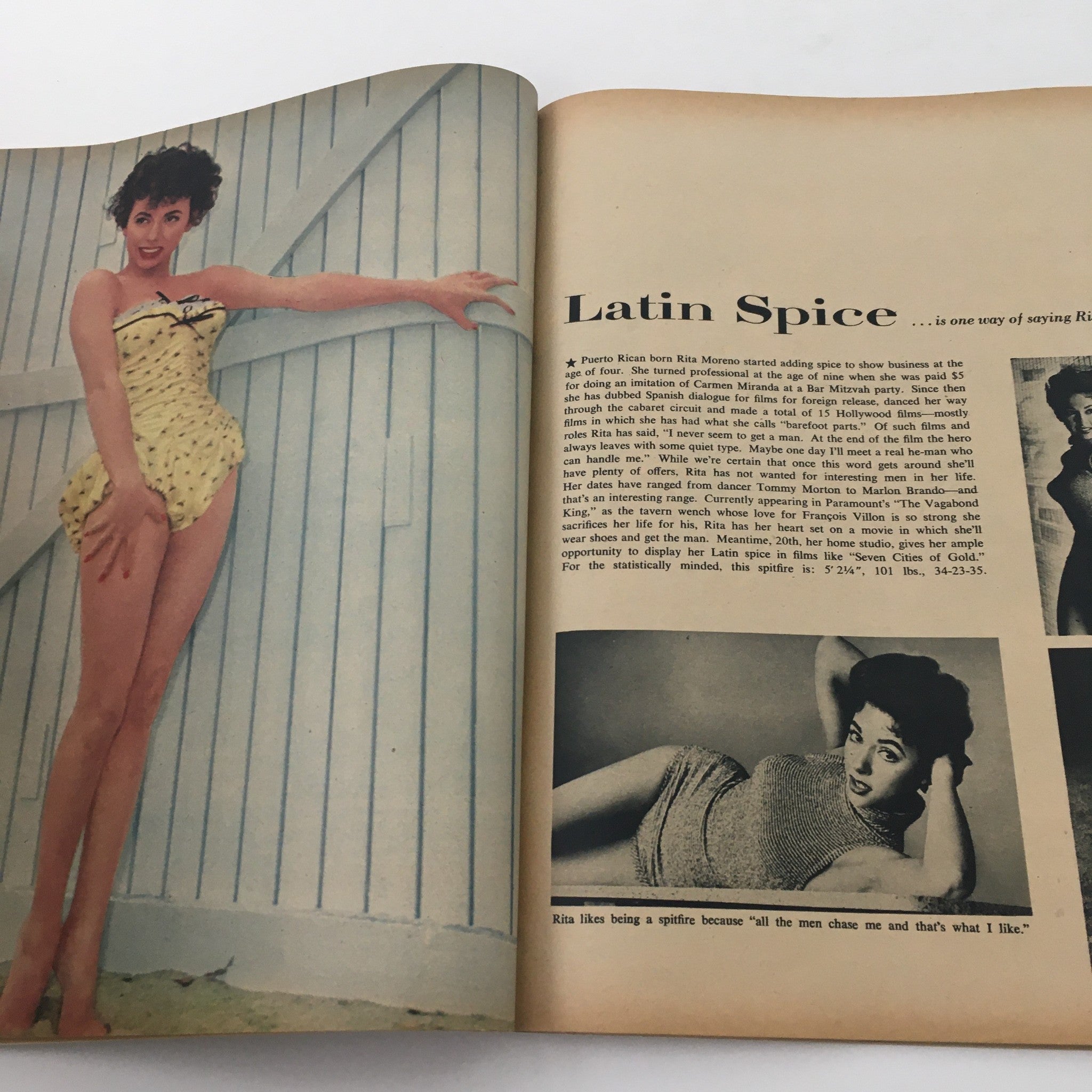 Page from VTG Movieland January 1956 magazine highlighting Rita Moreno in a vintage bathing suit, illustrating Hollywood's golden era of film and fashion.