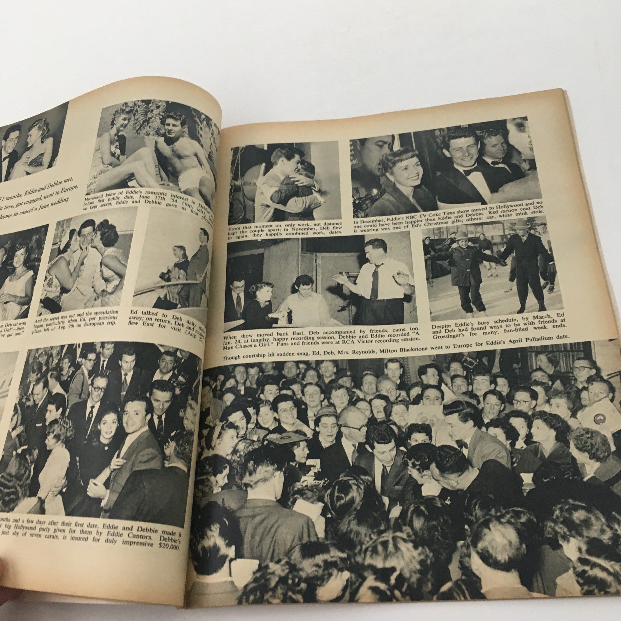 Series of black and white images from VTG Movieland January 1956 magazine depicting candid moments and events involving Eddie Fisher and Debbie Reynolds, capturing the essence of their celebrity lifestyle.