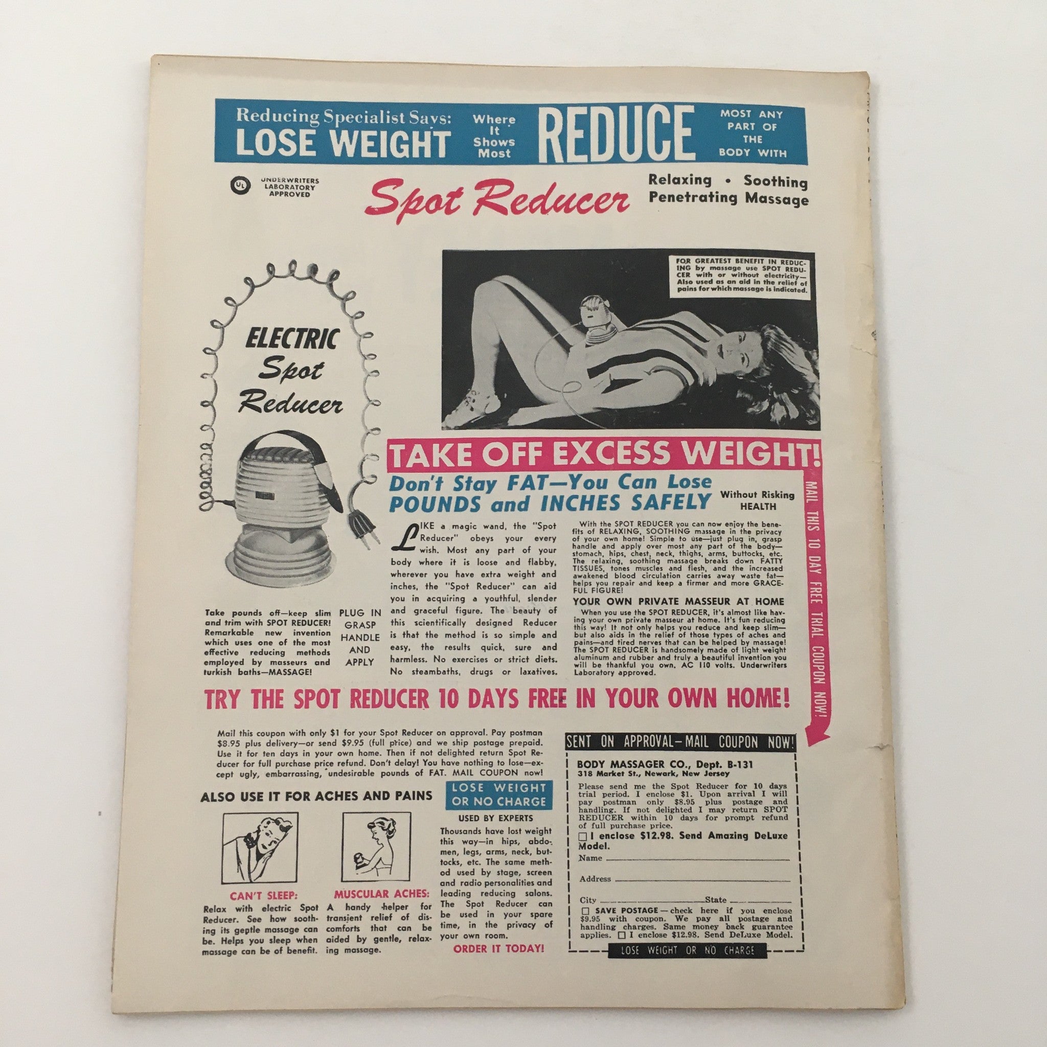 VTG Movieland January 1956 magazine cover featuring the title 'Spot Reducer', promoting a weight loss tool alongside a vintage illustration and health tips.