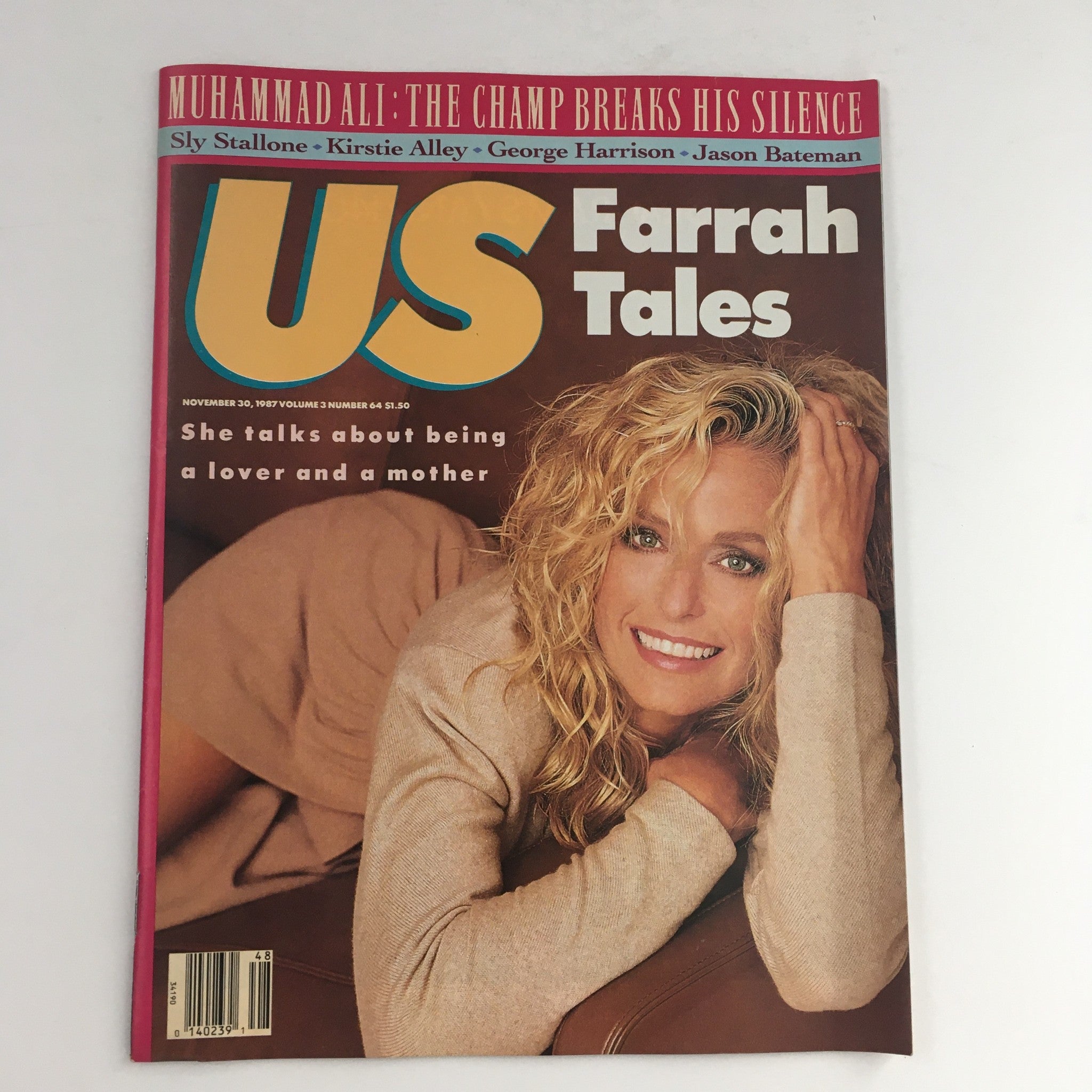 Cover of US Magazine Vol 3 #64 November 30 1987 featuring Farrah Fawcett. The magazine highlights topics like motherhood with stylish design and prominent celebrity names. Captures a snapshot of late 1980s pop culture.