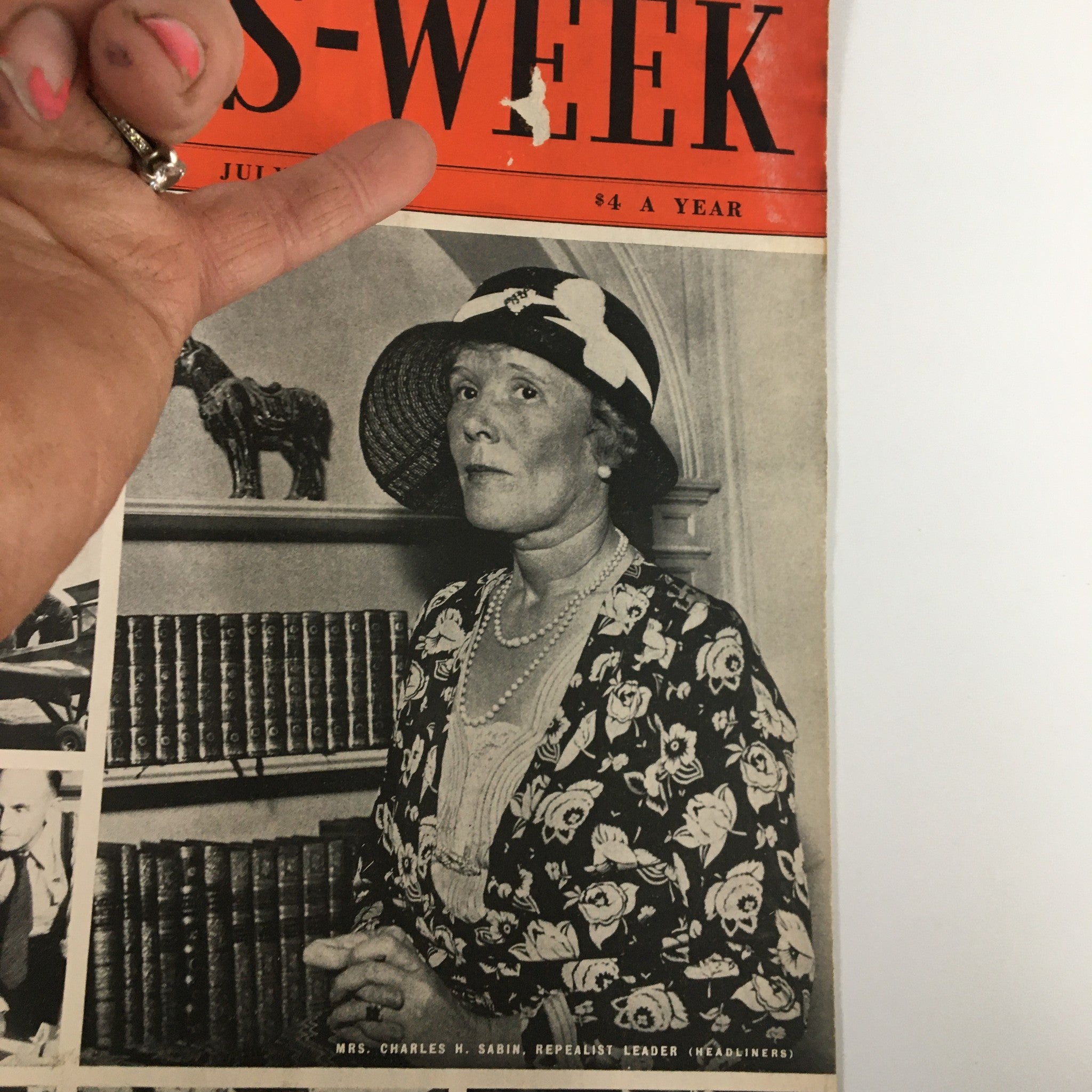 Close-up view of the VTG NewsWeek Magazine July 8 1933 cover showing Mrs. Charles Sabin, Repealist Leader, with details of vintage photography and historical context.