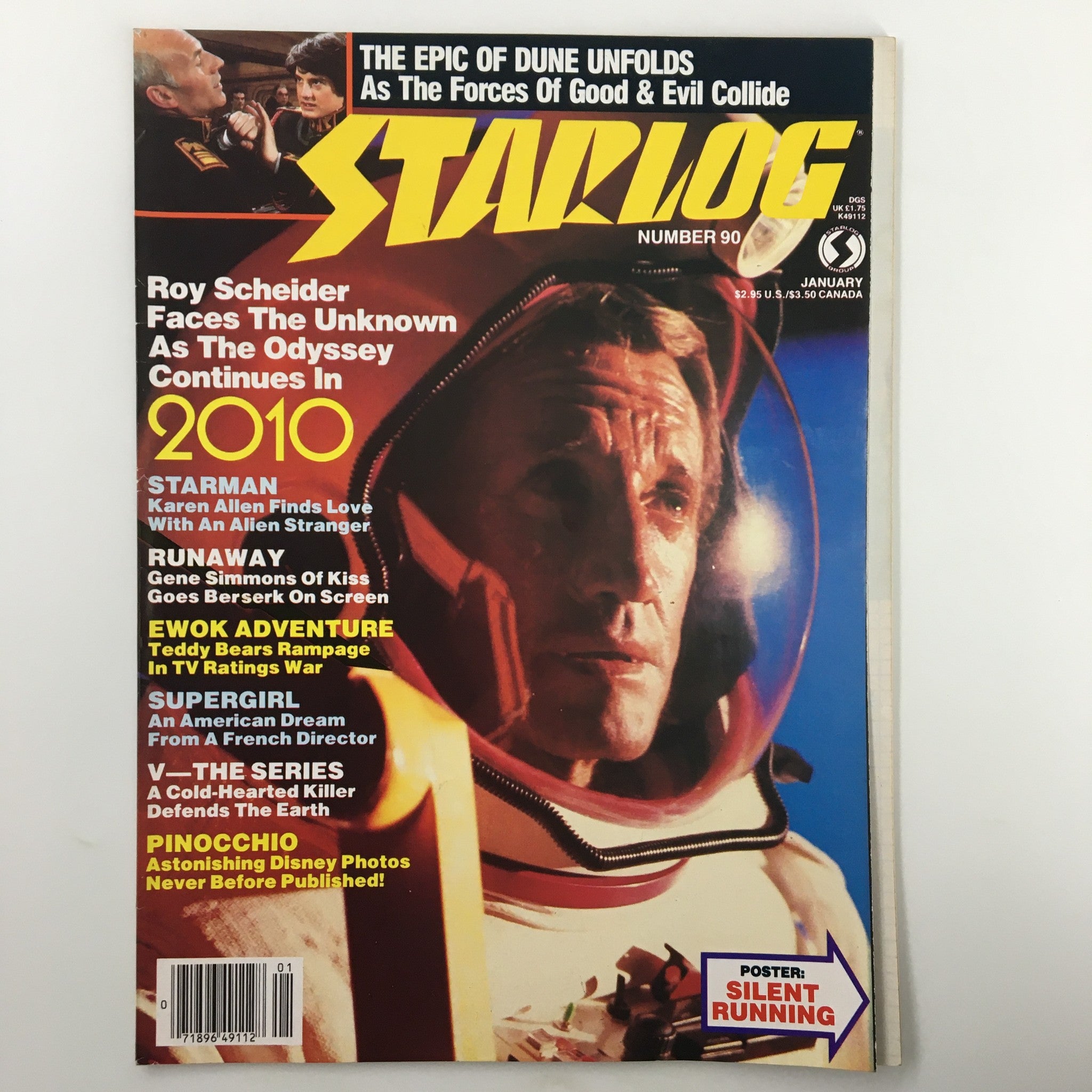 Vintage Starlog Magazine January 1985 Issue #90 featuring Roy Scheider on the cover, showcasing the headline 'Roy Scheider Faces The Unknown As The Odyssey Continues In 2010' along with articles about science fiction films.