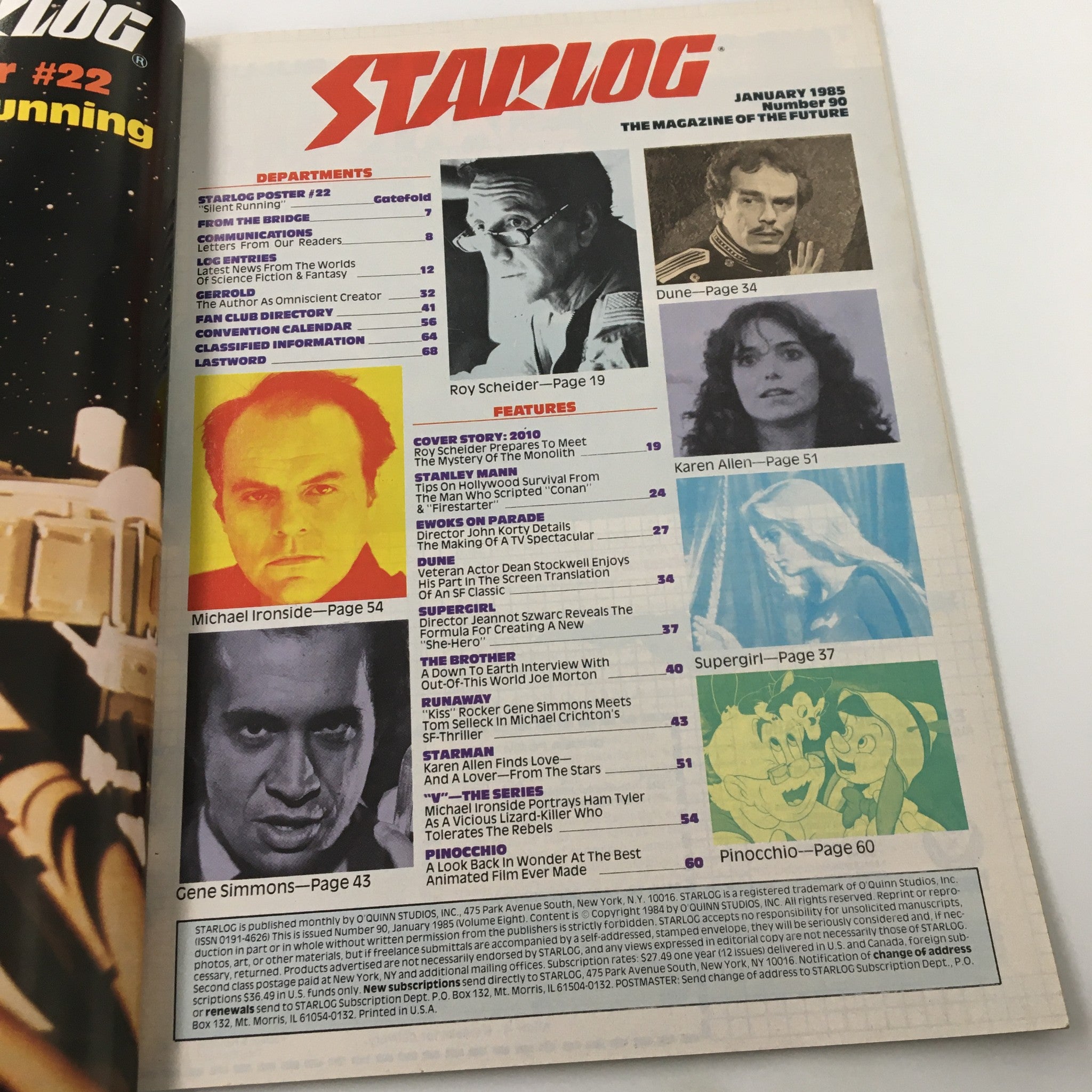 Interior page of Starlog Magazine January 1985 Issue #90 displaying the table of contents, highlighting features including Roy Scheider, Dune, and other popular sci-fi topics of the era.