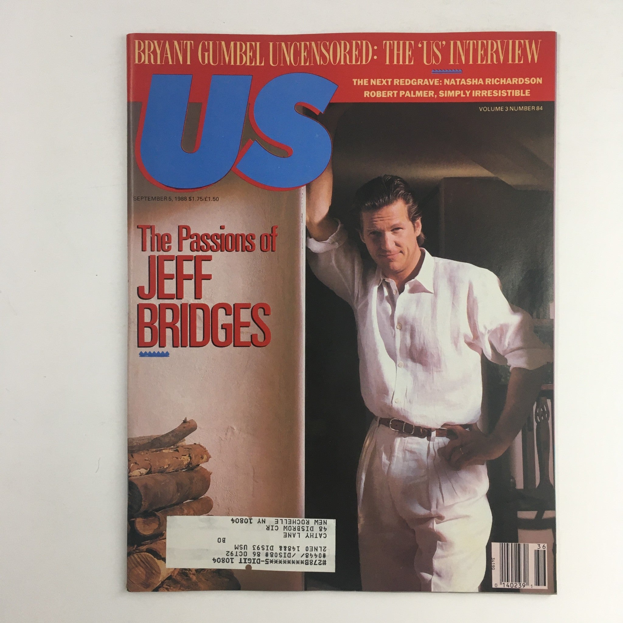 Cover of US Magazine Vol 3 #84 from September 5, 1988 featuring Jeff Bridges with the headline 'The Passions of Jeff Bridges'. The magazine showcases a captivating image of Jeff Bridges dressed in a white shirt, captured in a moment that reflects the celebrity culture of the late 1980s.