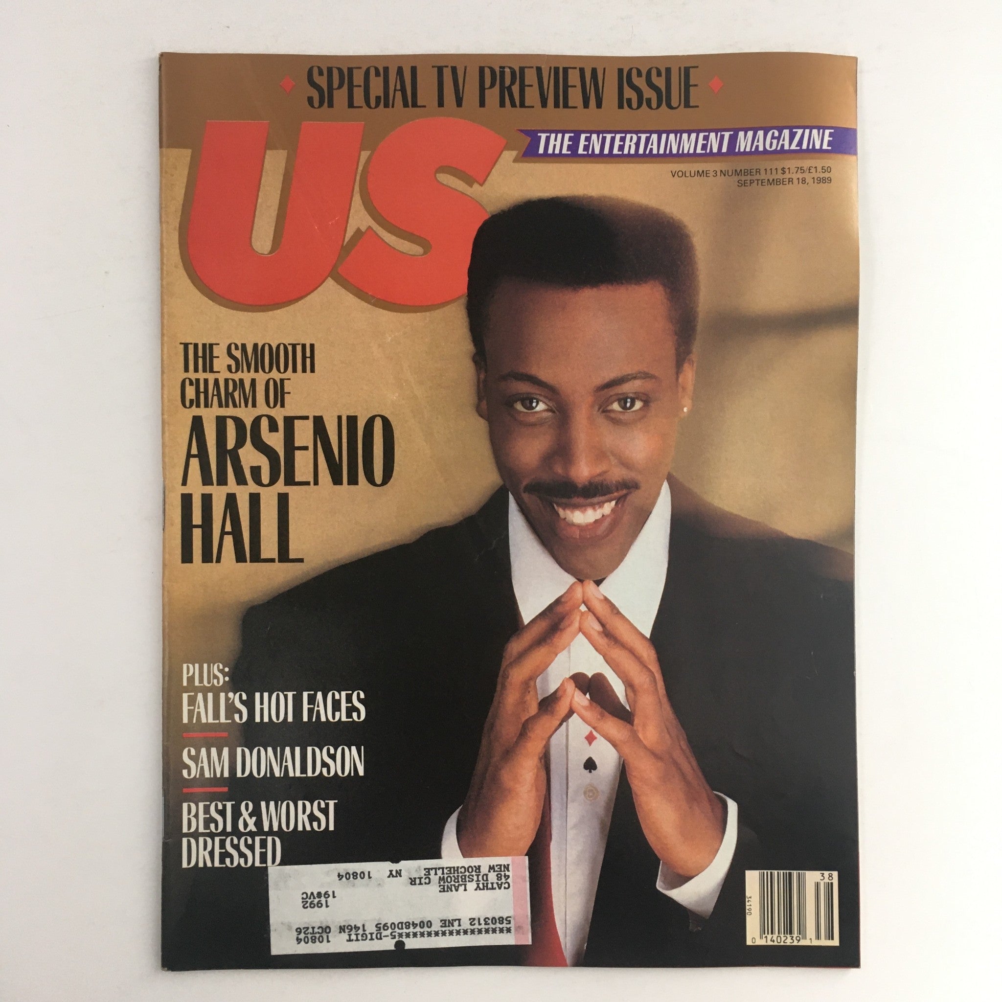 Cover of US Magazine Vol 3 #111, dated September 18, 1989, featuring Arsenio Hall with the title 'The Smooth Charm of Arsenio Hall' and mentions of Sam Donaldson, Fall's Hot Faces, and Best & Worst Dressed.