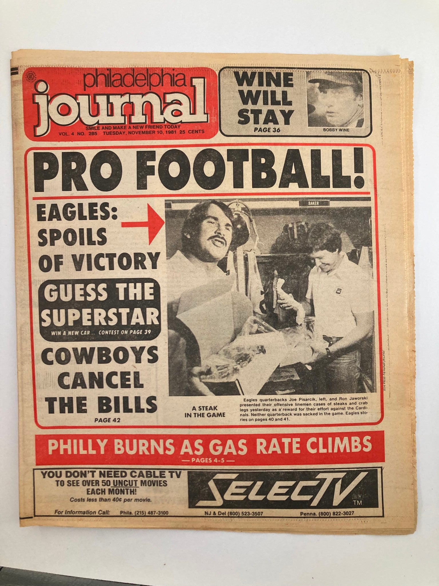 Philadelphia Journal Tabloid November 10 1981 Vol 4 #285 NFL Eagles Joe Pisarcik