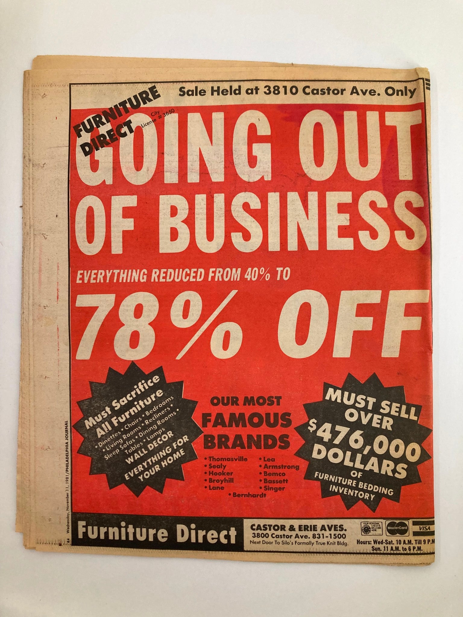 Back cover of the Philadelphia Journal Tabloid November 11, 1981, Vol 4 #286 advertising a going out of business sale with discounts from 40% to 78%. Features bold text and a call to action for furniture liquidation.