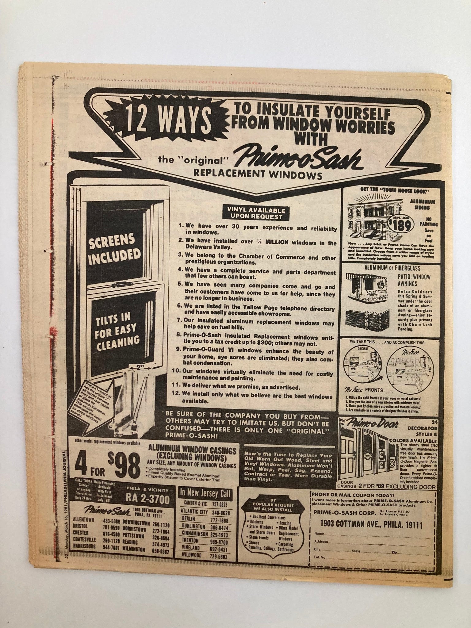 Back cover of the Philadelphia Journal Tabloid March 16 1981 Vol 4 #83 showcasing an advertisement for 'Prime-O-Sash' replacement windows, detailing insulation benefits and company credentials.