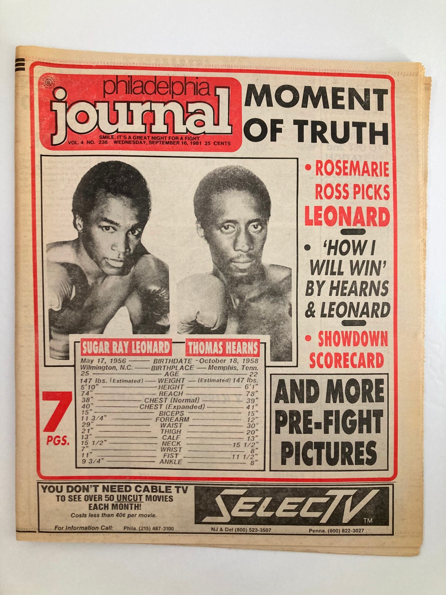 Philadelphia Journal Tabloid September 16 1981 Sugar Ray Leonard v Thomas Hearns