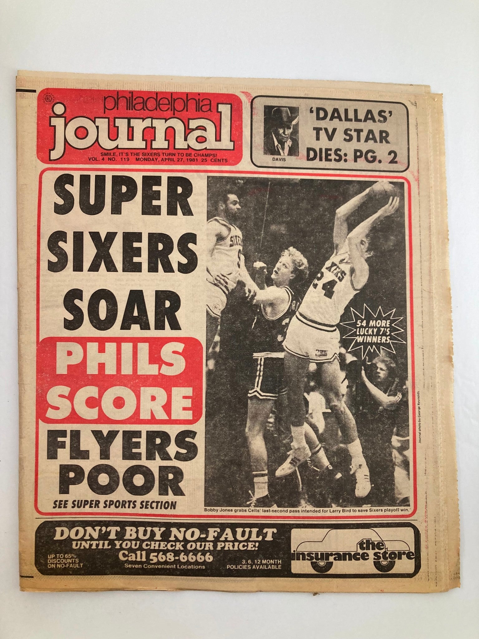 Philadelphia Journal Tabloid from April 27, 1981, featuring NBA Sixers and Bobby Jones on the front page, highlighting the Sixers' success and sports news.