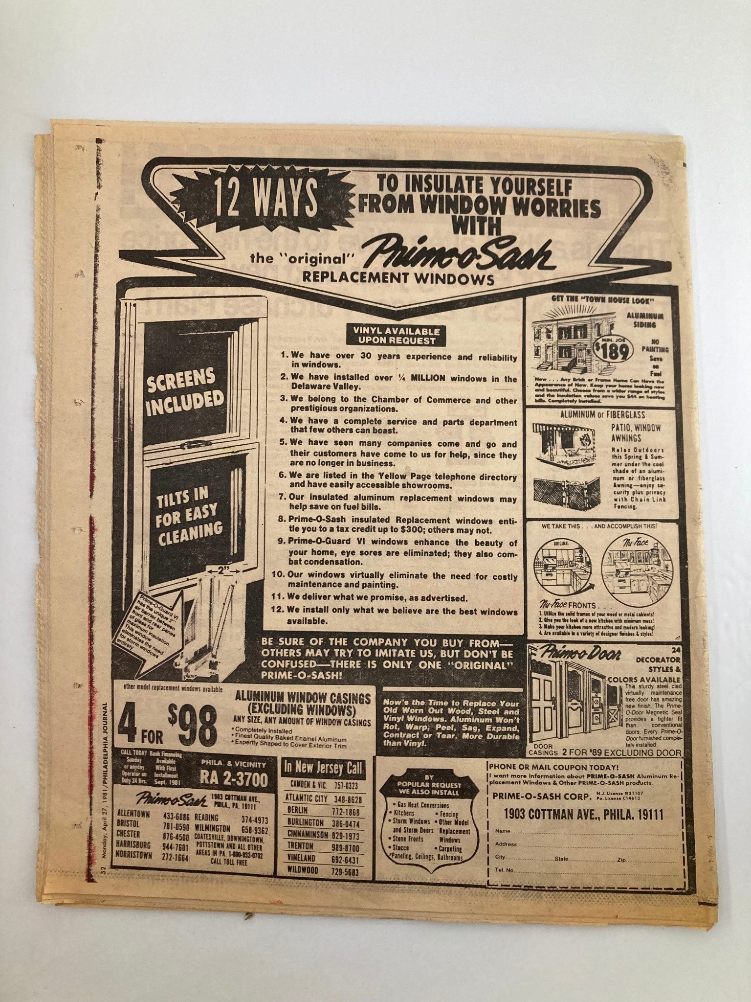 Back cover of the Philadelphia Journal Tabloid, promoting Prime-O-Sash replacement windows, showcasing advertisement for window insulation services.