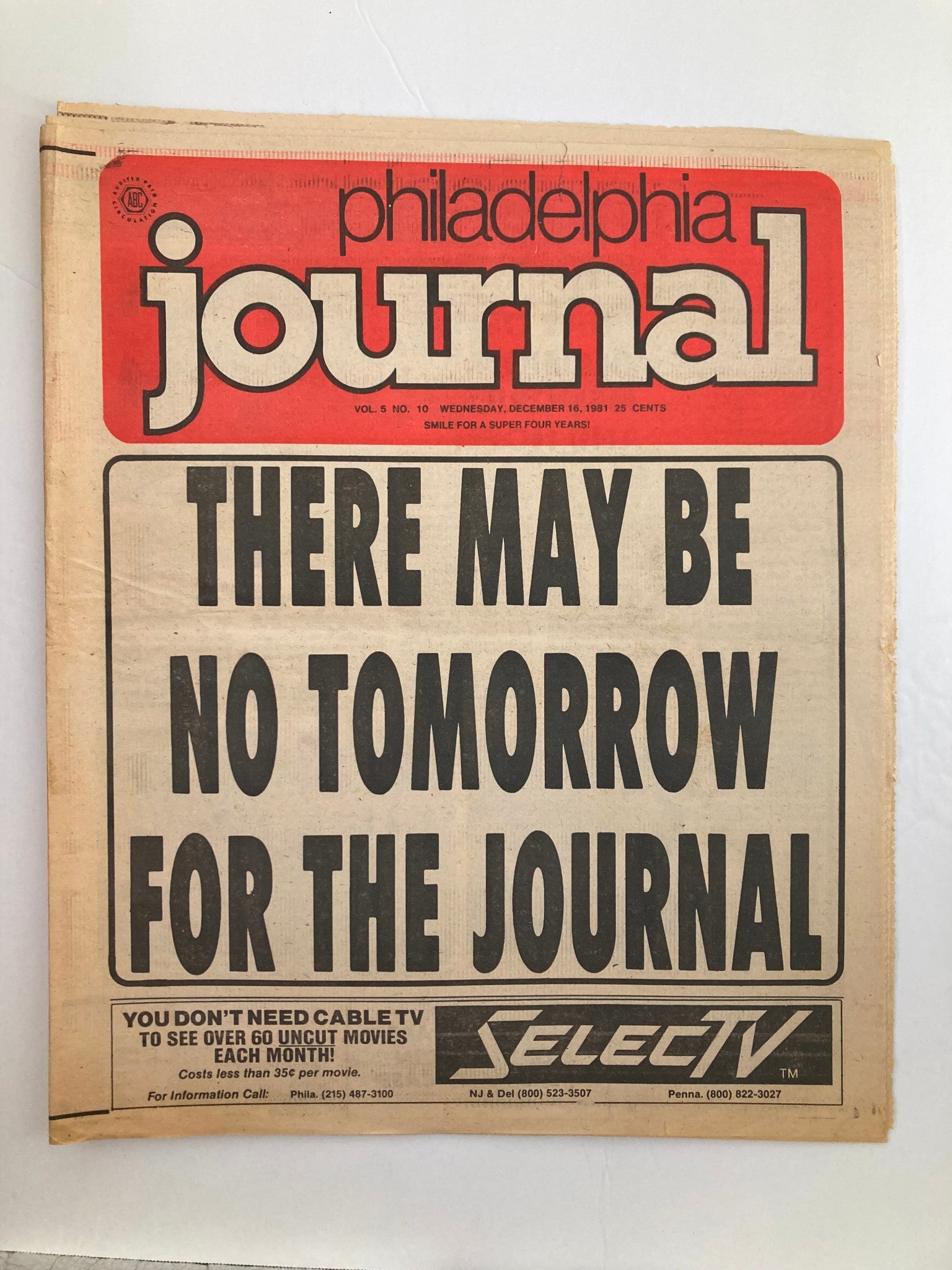 Philadelphia Journal Tabloid December 16 1981 Vol 5 #10 Journal, No Tomorrow