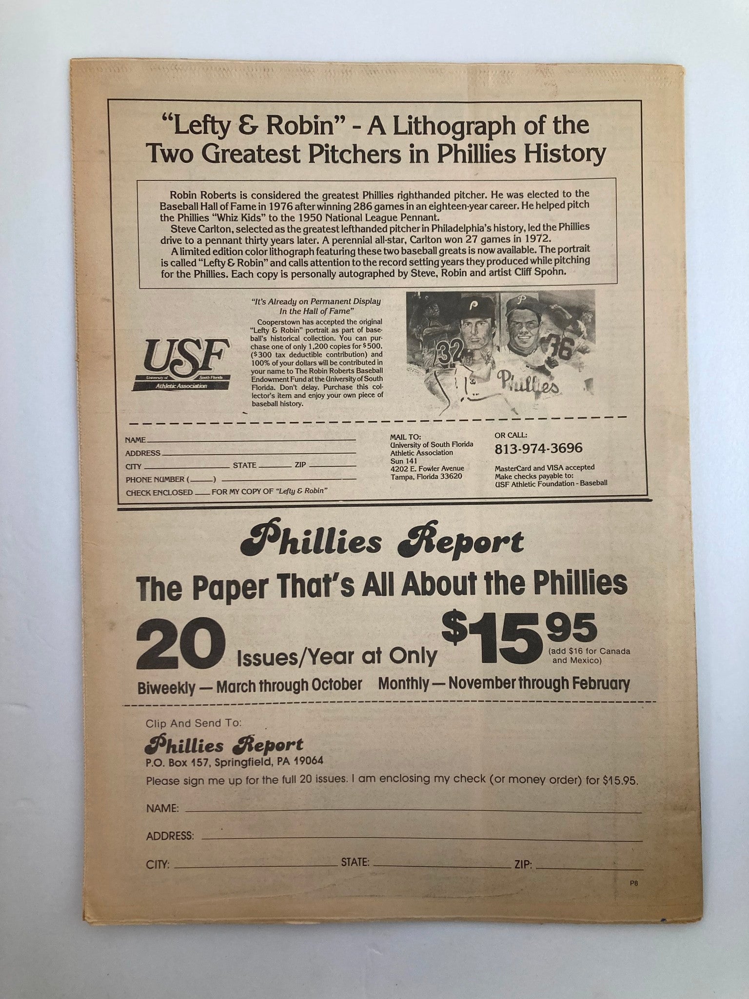 Back cover of the Philadelphia Phillies Report Newspaper July 18 1985, promoting subscriptions and highlighting legendary pitchers Robin Roberts and Steve Carlton.