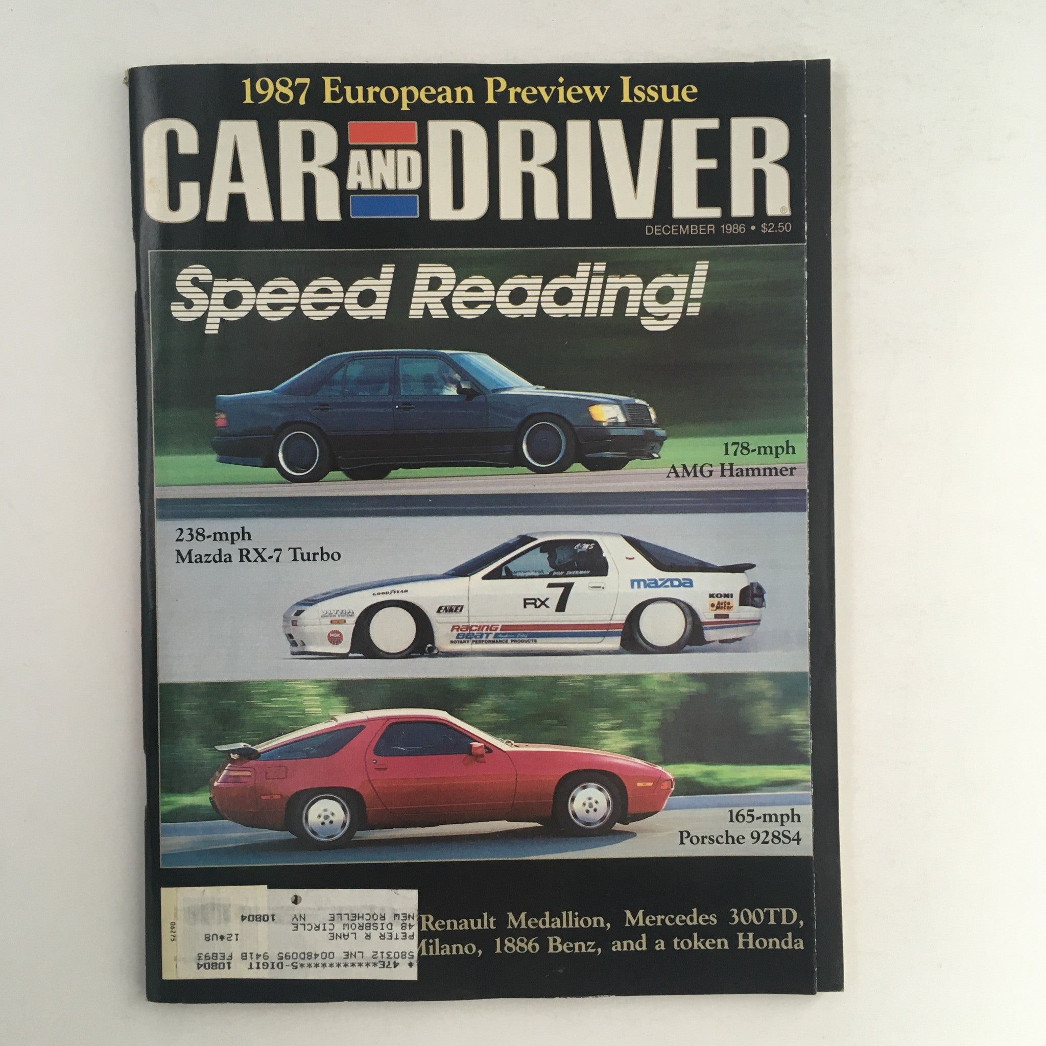 Car & Driver Magazine December 1986 AMG Hammer, Mazda RX-Turbo, Porsche 928S4 VG