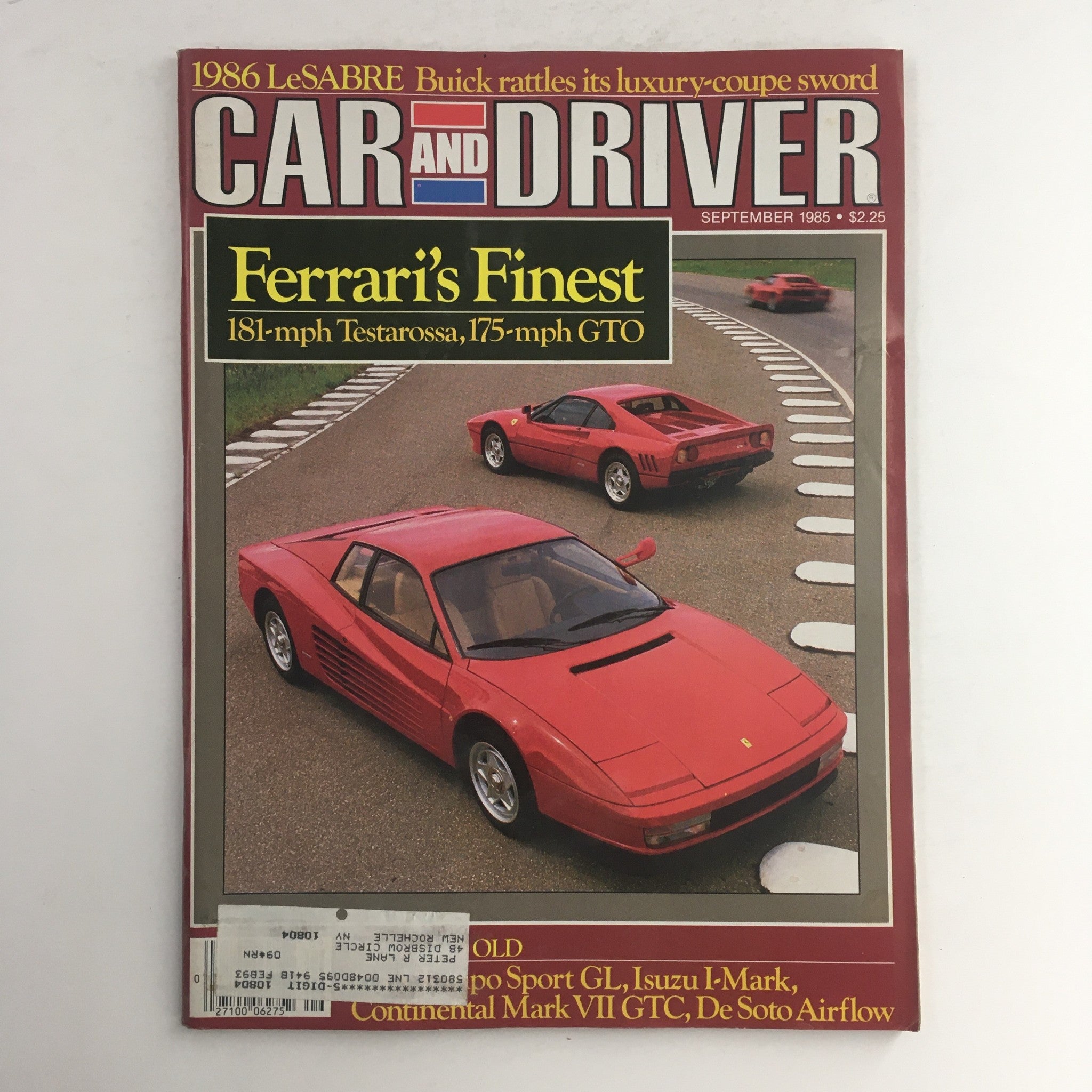 Car & Driver Magazine September 1985 Ferrari Testarossa GTO & LeSabre Buick, VG