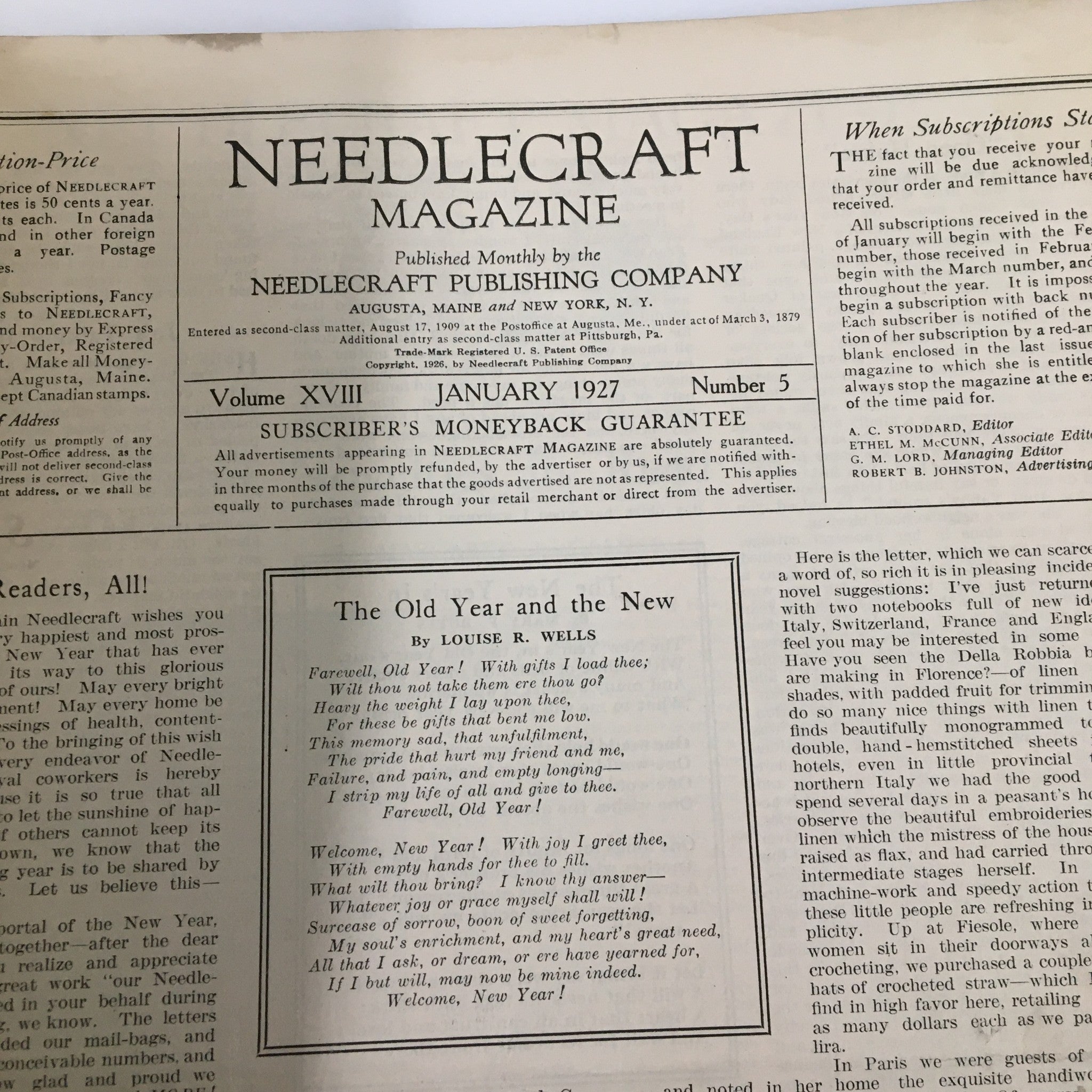 VTG Needlecraft Magazine January 1927 The Old Year and the New by Louis R. Wells