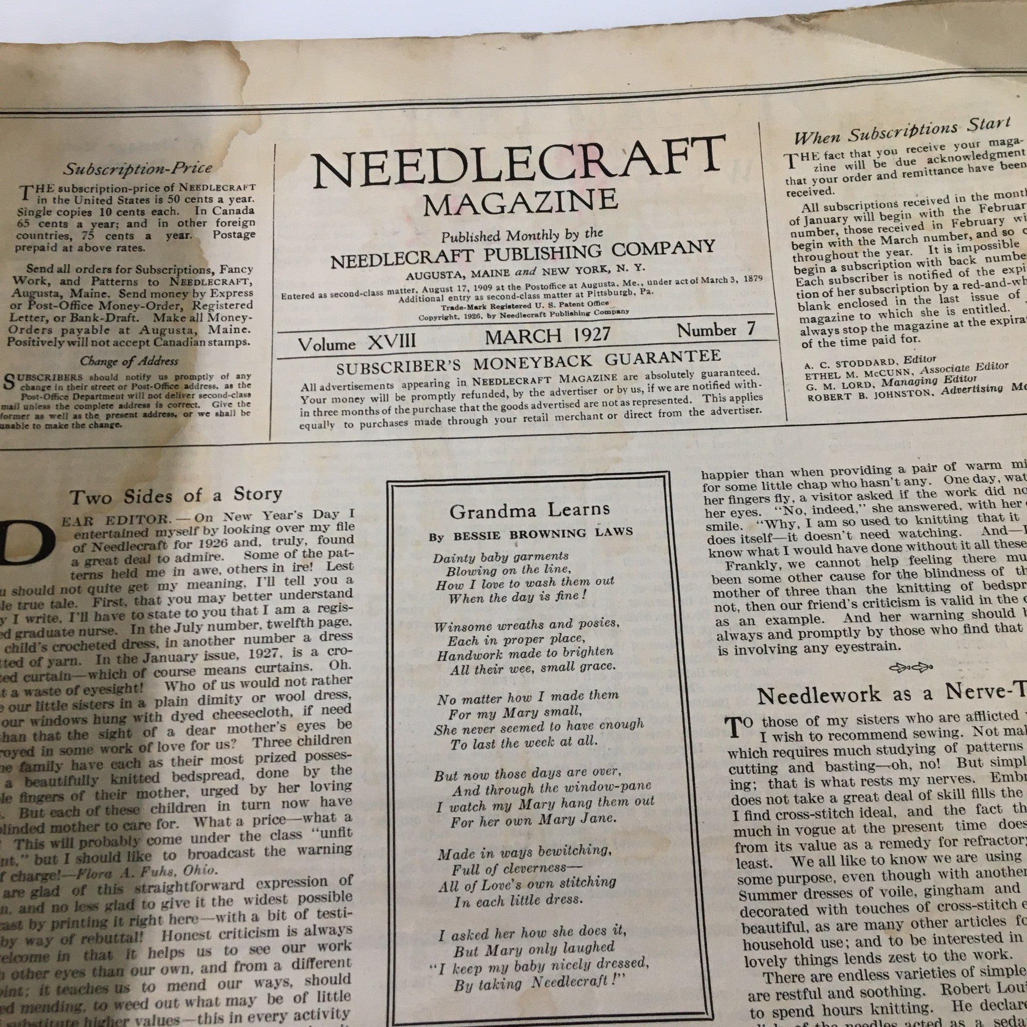 VTG Needlecraft Magazine March 1927 Vol. 18 No. 7 Grandma Learns No Label