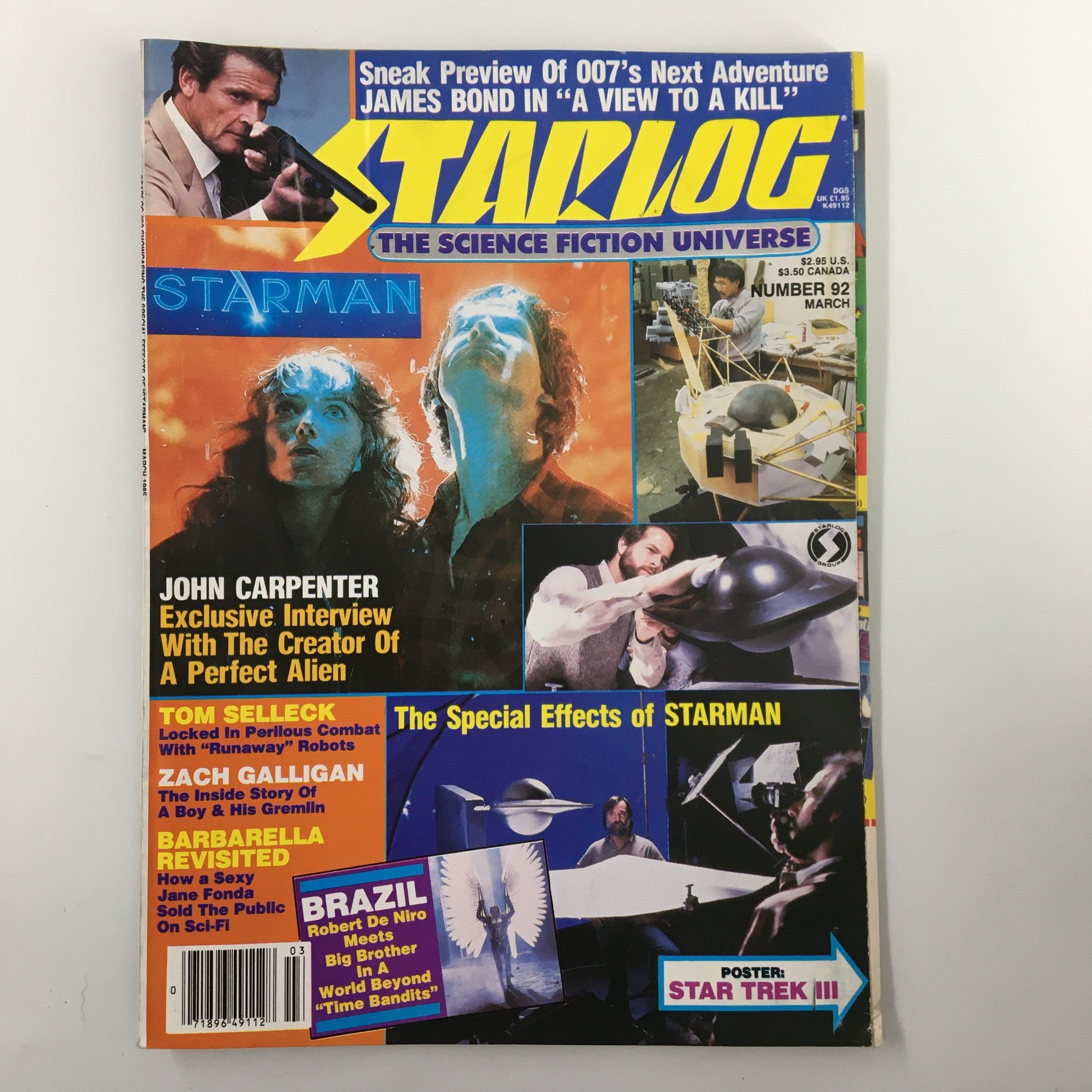 Cover of VTG Starlog Magazine March 1985 featuring John Carpenter, Tom Selleck, and a sneak preview of James Bond's A View to a Kill.