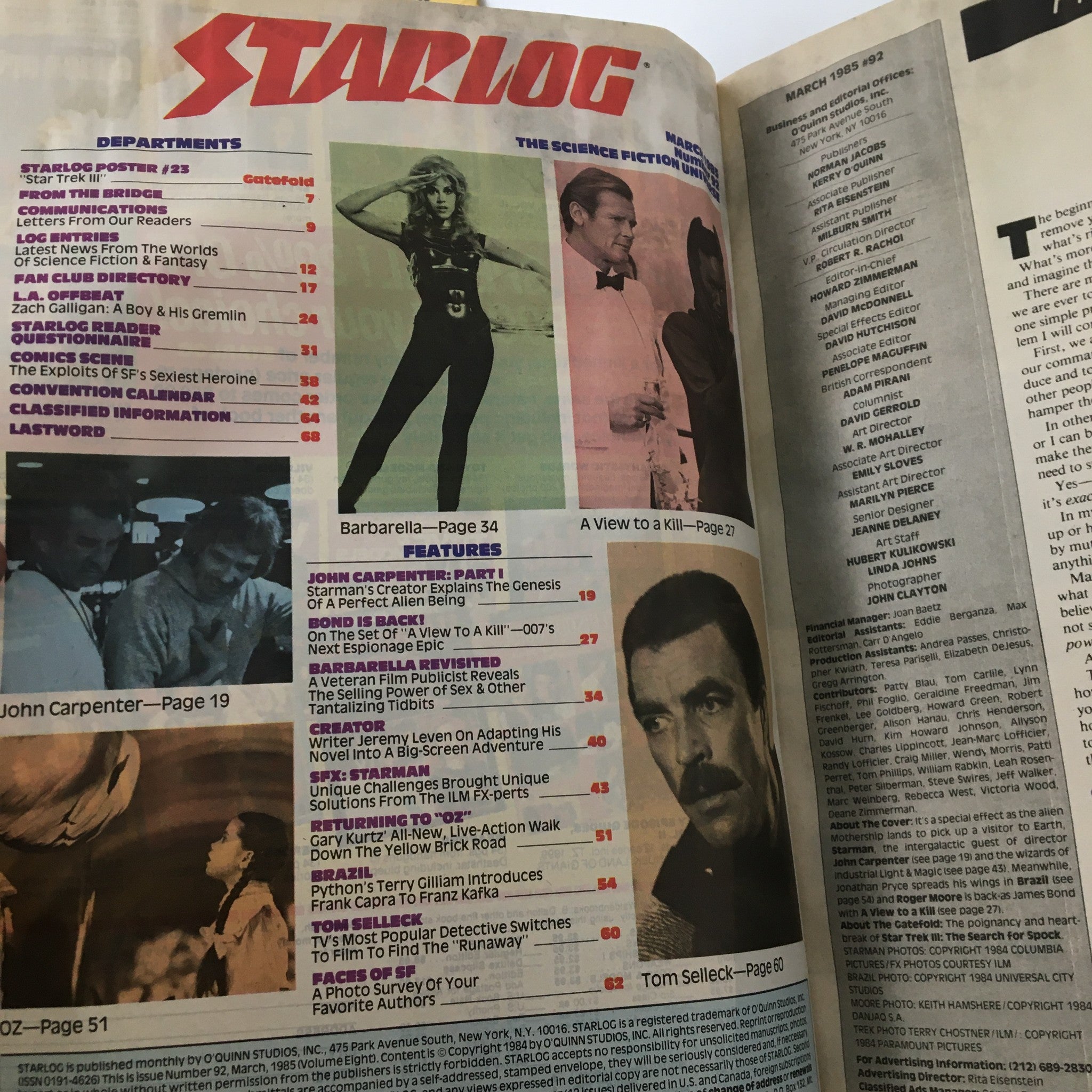 Contents page of VTG Starlog Magazine March 1985 listing featured articles, including those on John Carpenter and Tom Selleck.