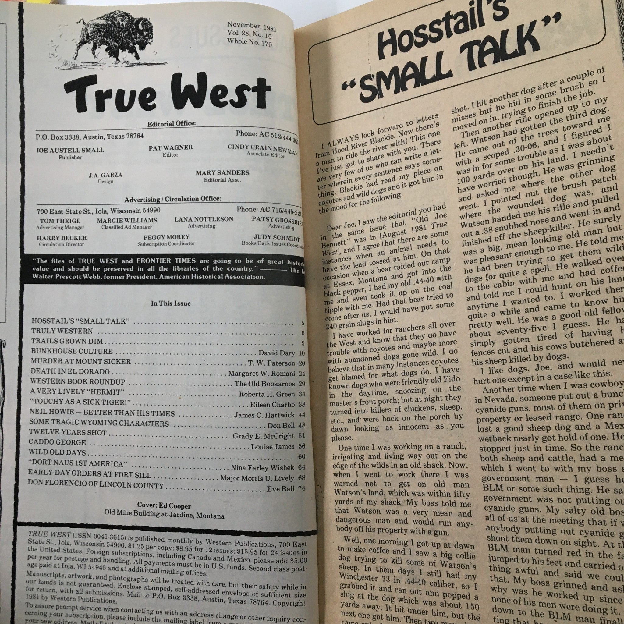 VTG True West Magazine November 1981 Vol 28 #10 Murder at Mount Sicker No Label