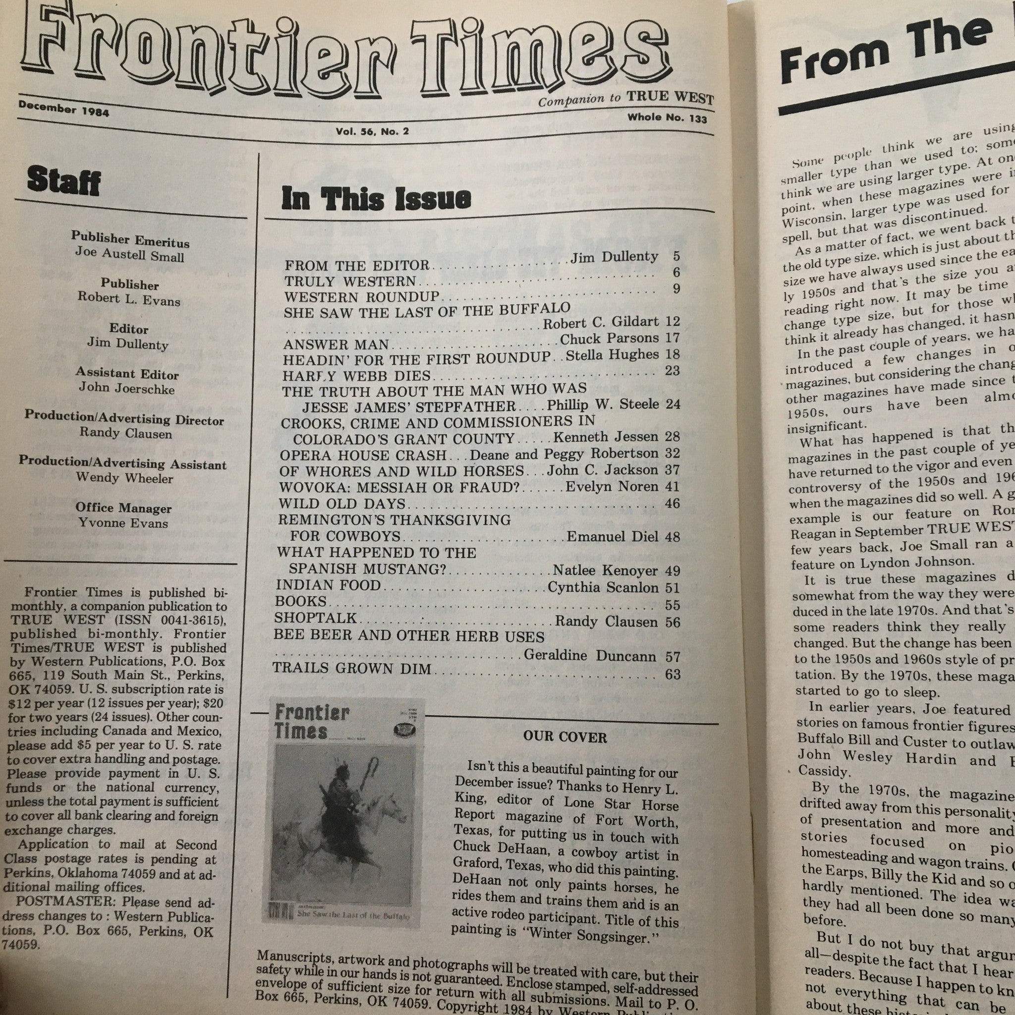 VTG Frontier Times Magazine December 1984 Wovoka Messiah or Fraud? No Label