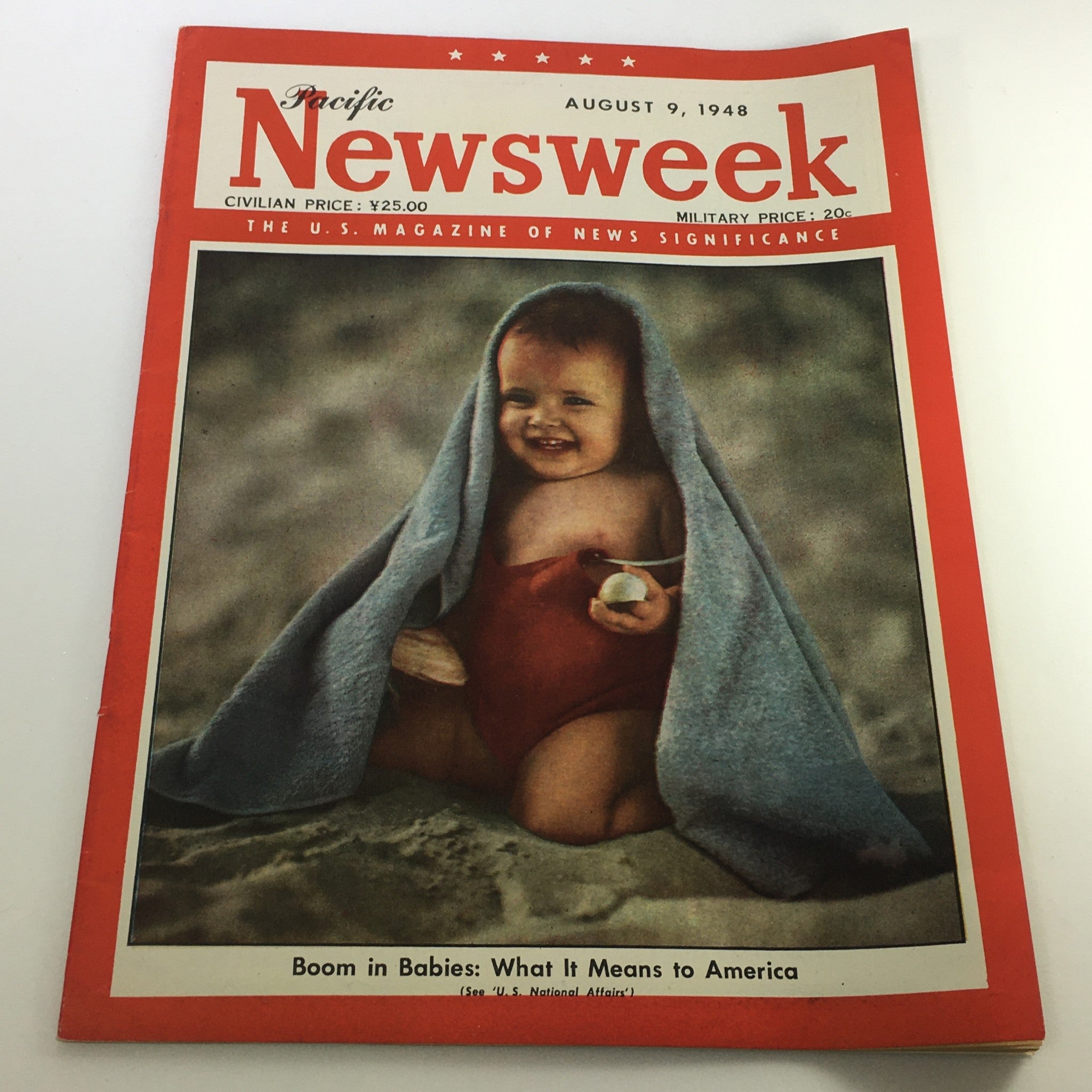 Cover of VTG Newsweek Magazine dated August 9, 1948, featuring a smiling baby wrapped in a blue towel with the headline 'Boom in Babies: What It Means to America'.