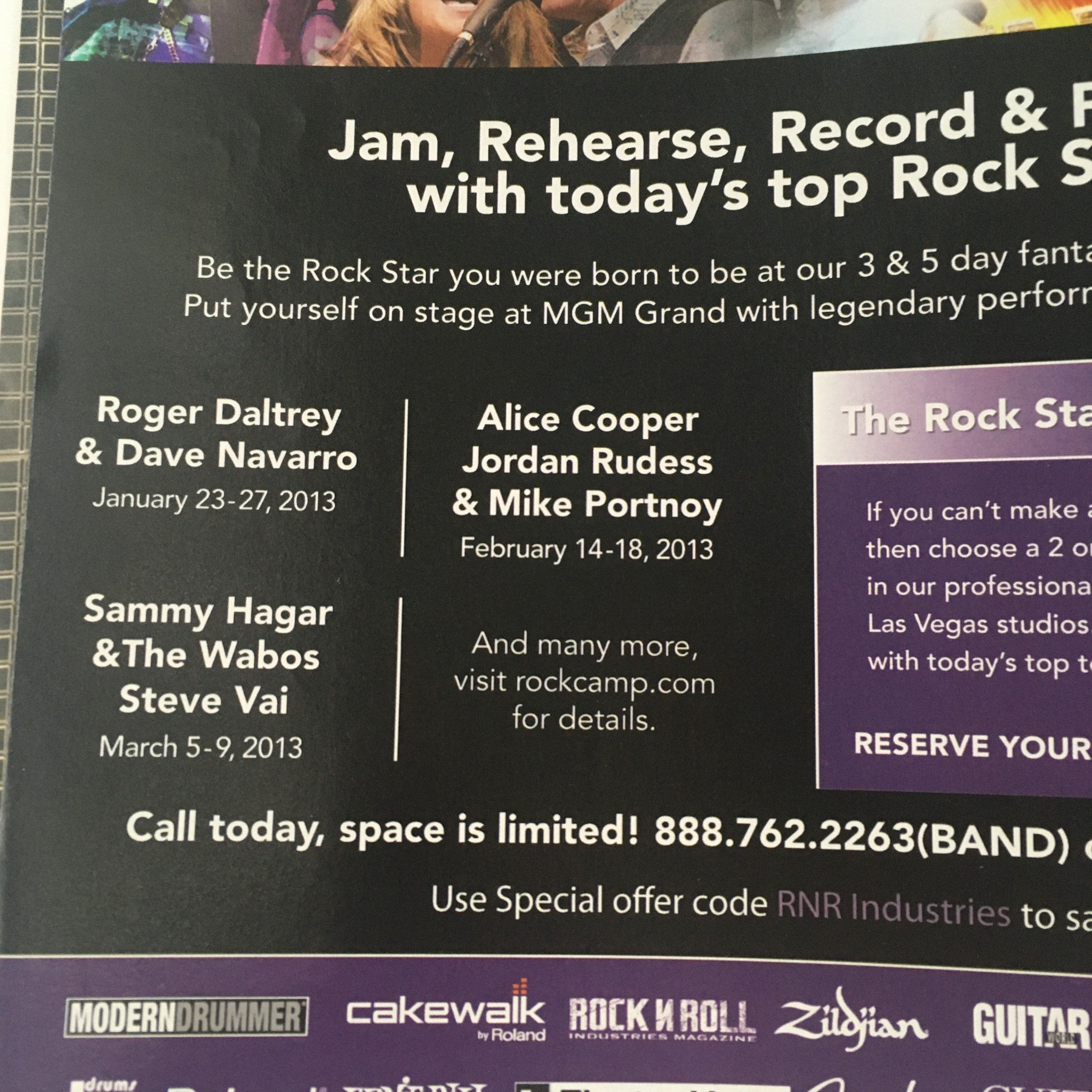 Inside Rock N Roll Industries Magazine, highlighting Roger Daltrey and Dave Navarro alongside other rock icons with a schedule of events from 2013, emphasizing music culture and iconic artists.