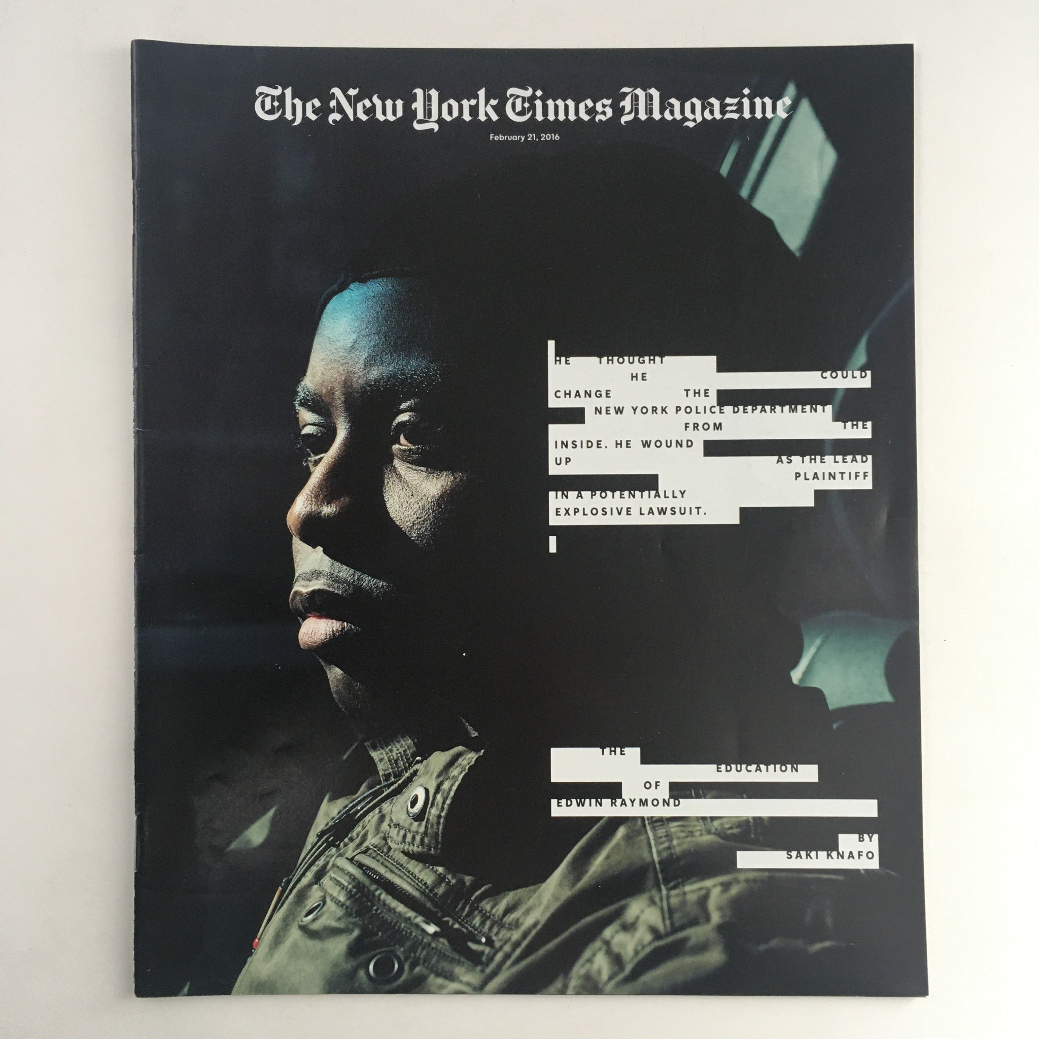 Cover of The New York Times Magazine from February 21, 2016, featuring a portrait of Edwin Raymond, discussing education and a significant lawsuit.