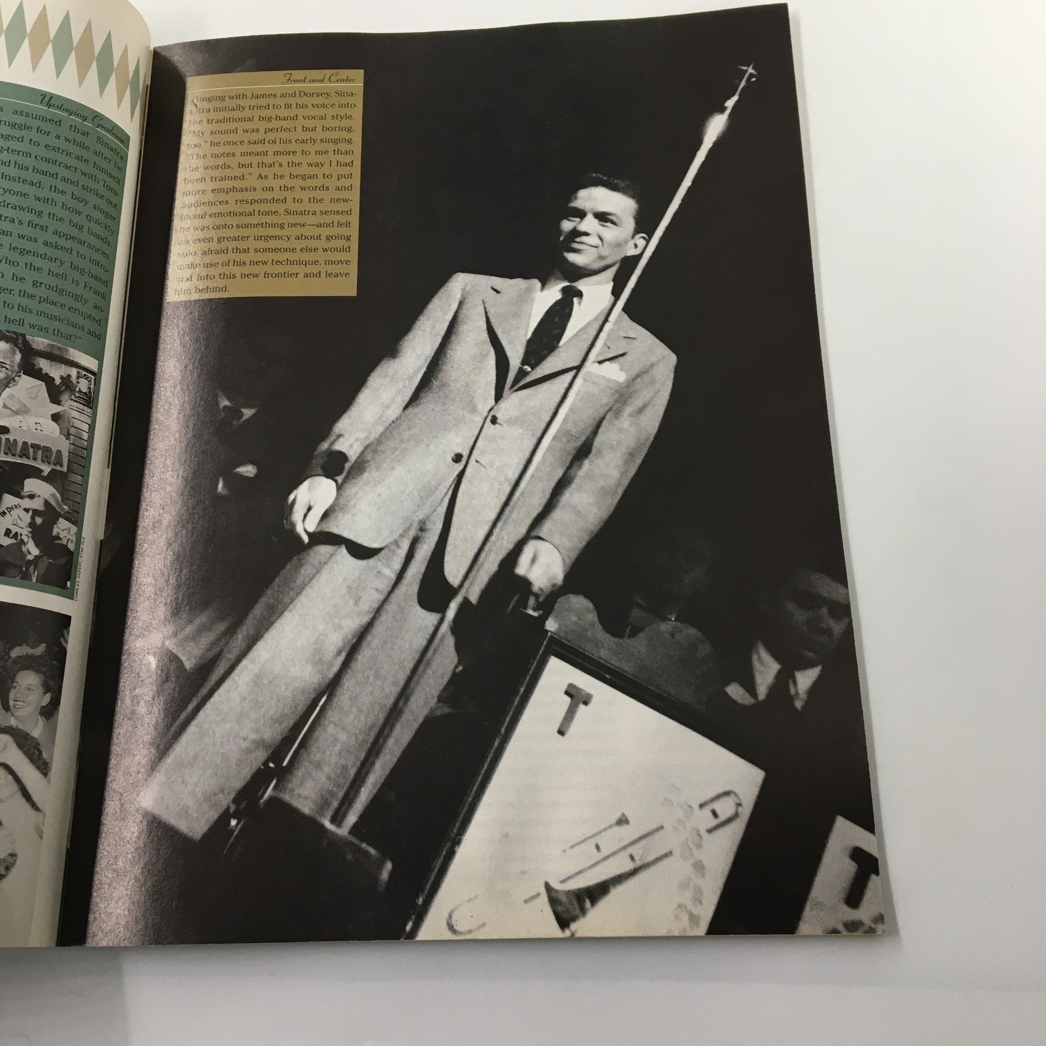 TV Guide Magazine 1998 Frank Sinatra His Life in Words and Pictures No Label VG. A black and white photograph of Frank Sinatra standing on stage, dressed in a suit with a microphone, showcasing his iconic performance.