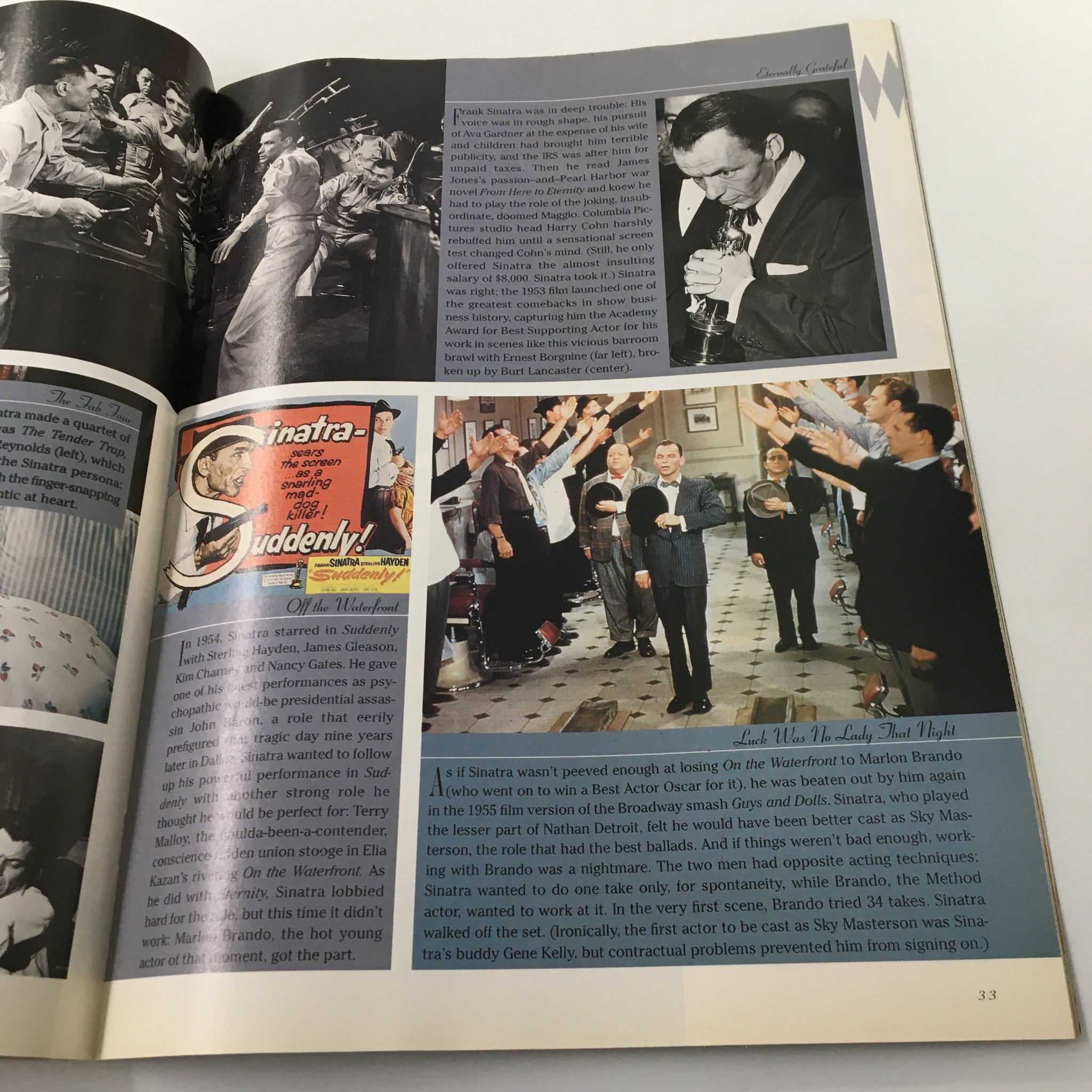 Collage from the TV Guide Magazine illustrating moments from Frank Sinatra's film career, including scenes from 'Suddenly' and anecdotes from his life.