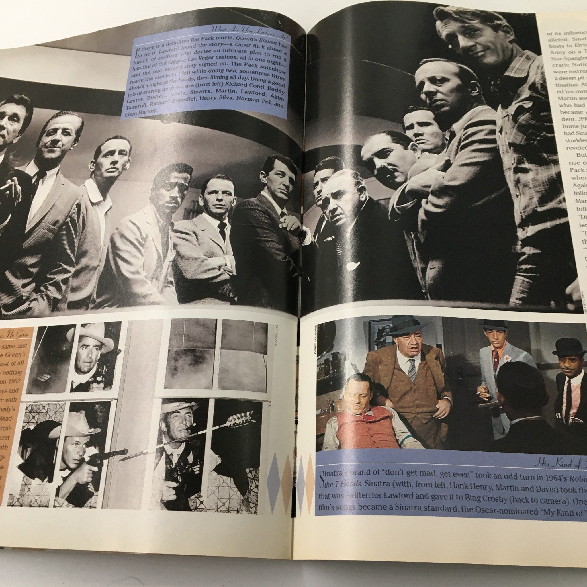 An interior page from 'TV Guide Magazine 1915-1998 Frank Sinatra His Life in Words & Pictures', depicting a black and white photograph of the Rat Pack featuring Frank Sinatra.