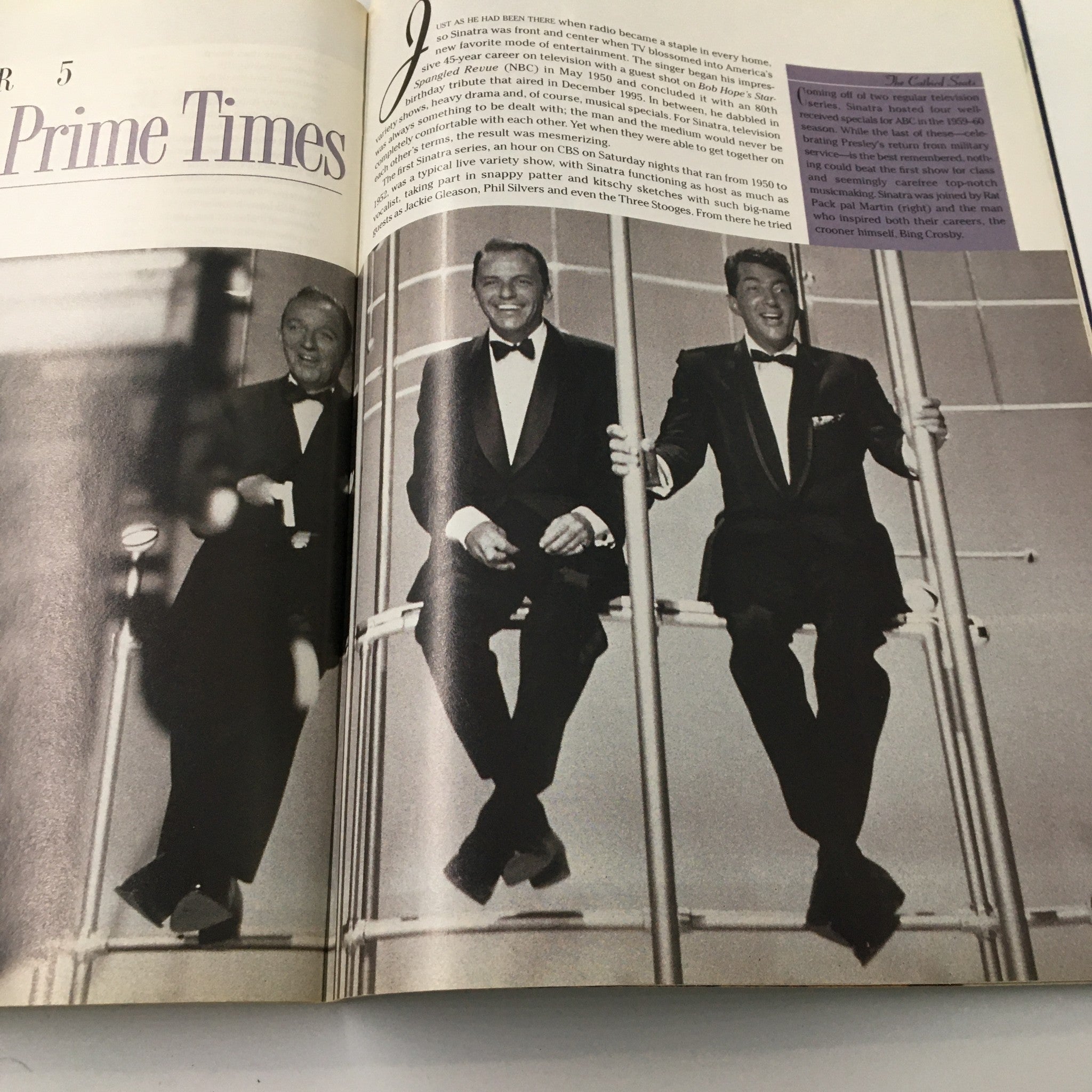 Inside view of 'TV Guide Magazine 1915-1998 Frank Sinatra His Life in Words & Pictures', displaying Frank Sinatra alongside other entertainers in a glamorous setting.
