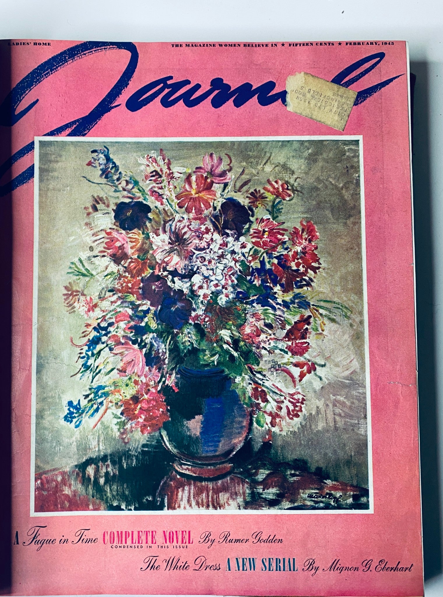 Cover of Ladies' Home Journal February 1945 showcasing a vibrant floral artwork with the title 'A Fugue in Time' - included in the complete set of the 1945 library bound magazine collection.