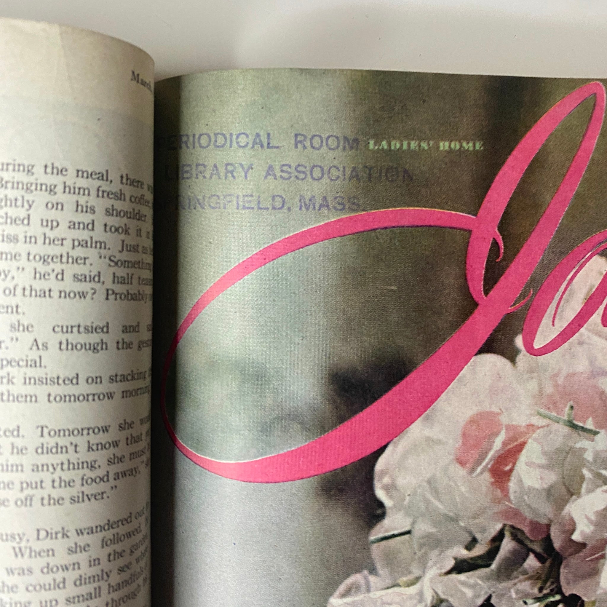 Page from the Ladies' Home Journal Bound Magazine 1945, showcasing floral designs and vintage typography, representative of the era.