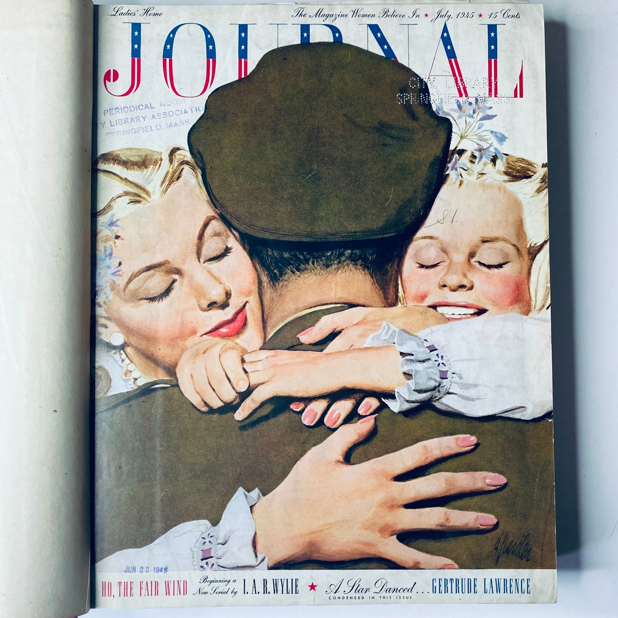Cover of Ladies' Home Journal, July 1945 edition, depicting an emotional reunion scene, reflecting the sentiments of family and love during the wartime era.