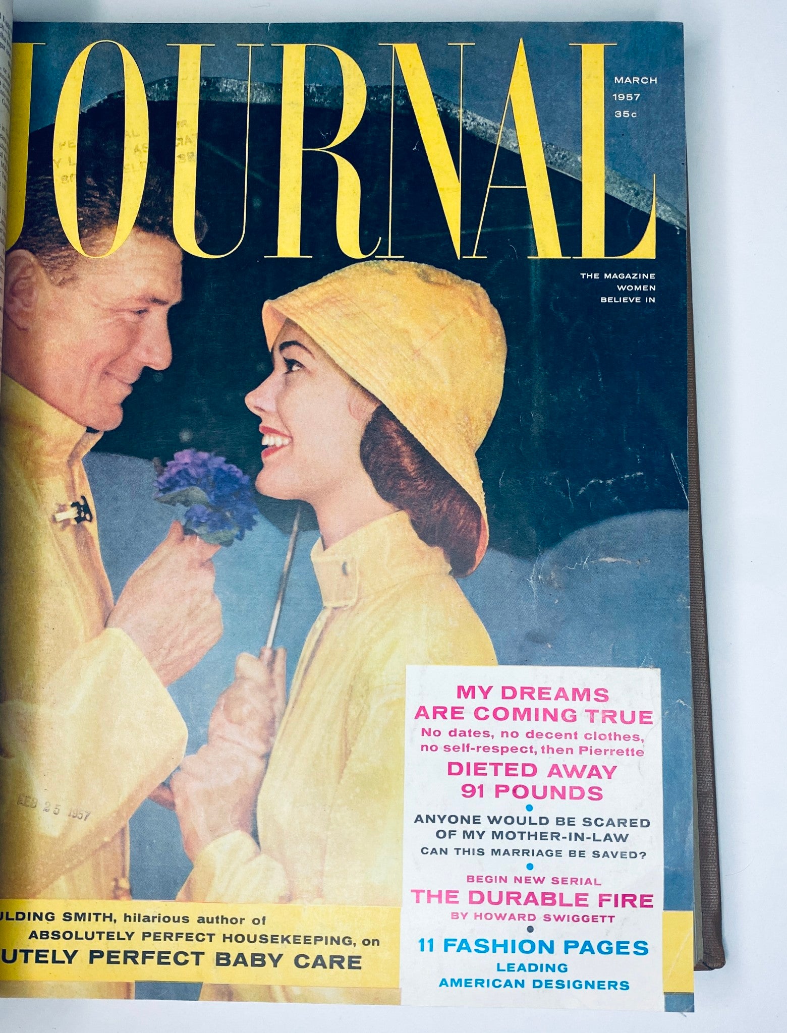 Ladies' Home Journal: March 1957. Cover displays a couple enjoying a moment, highlighting articles about dreams, fashion, and relationships.