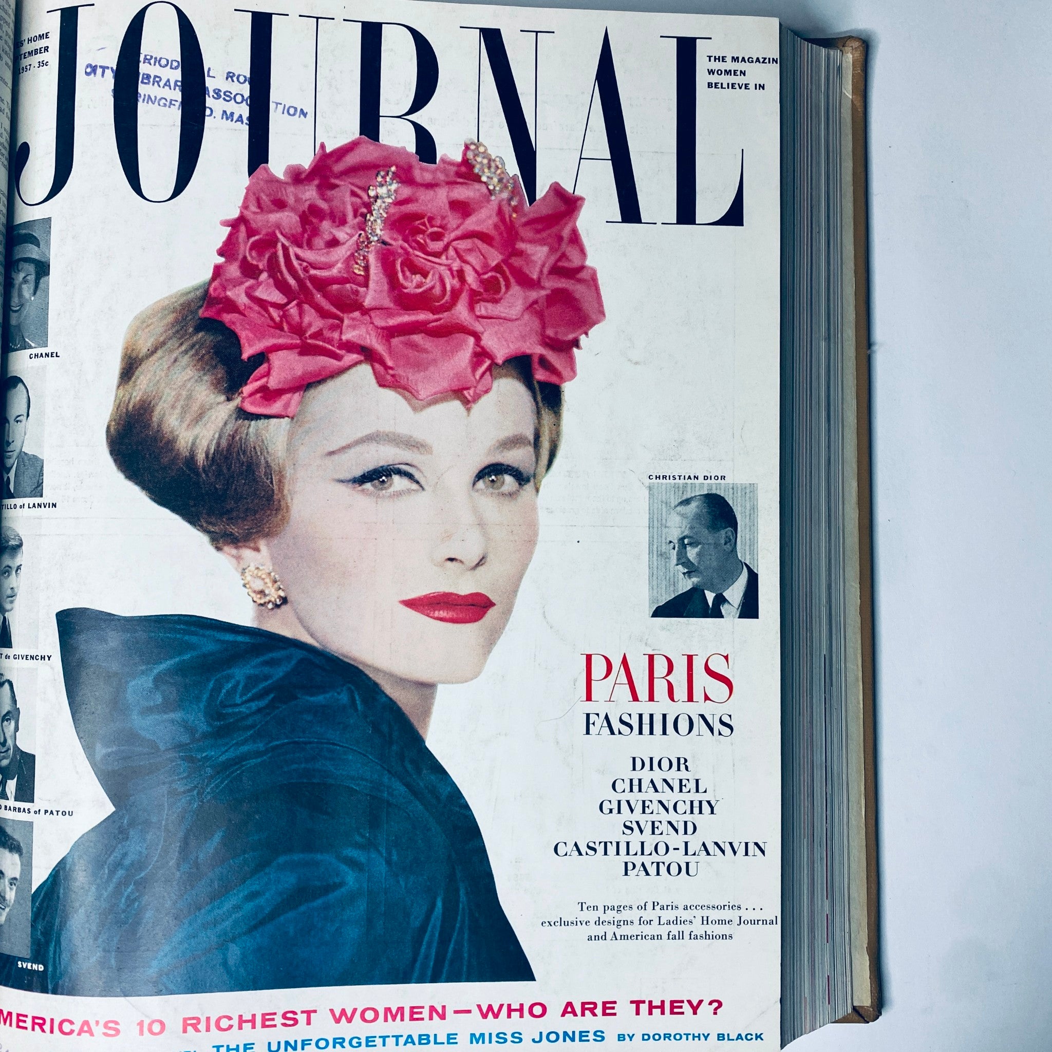 Ladies' Home Journal Library Bound Magazine 1957 Full Year January - December, showcasing the September 1957 magazine cover with a glamorous model in Paris fashion.
