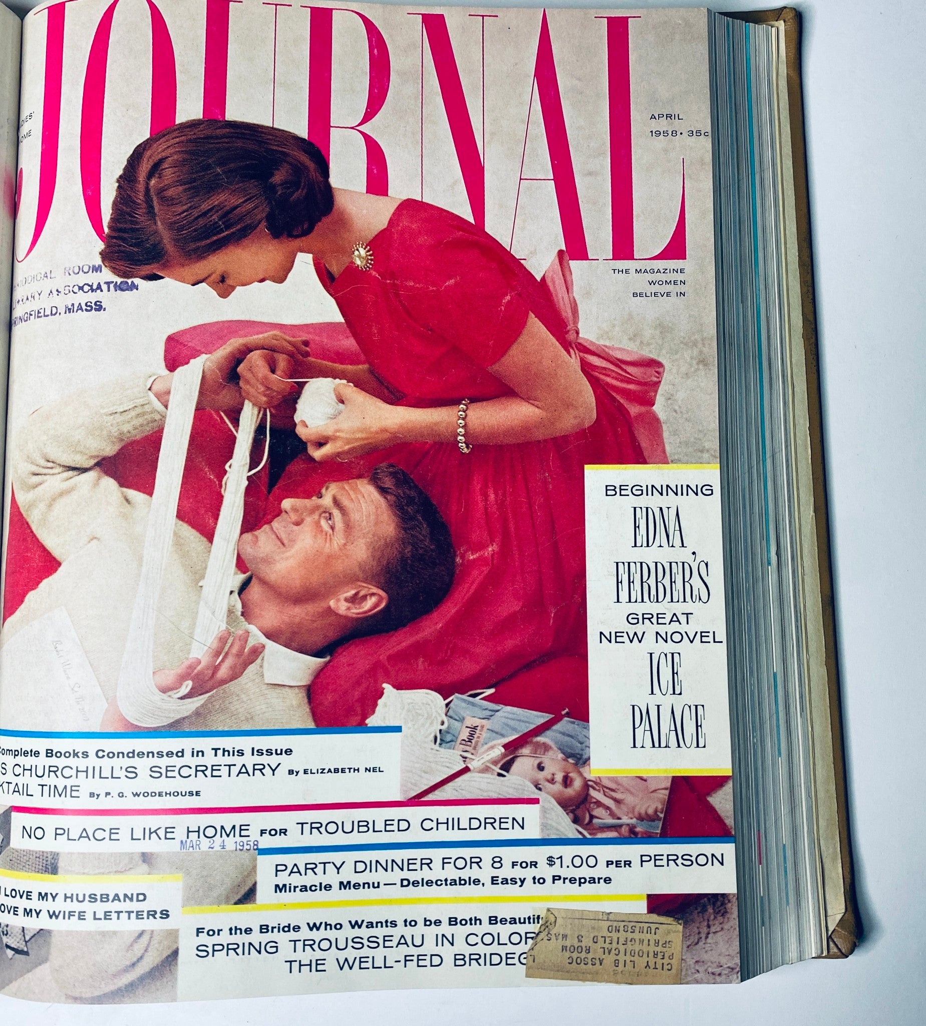 Cover of the Ladies' Home Journal magazine for April 1958, depicting a romantic scene between a couple. This edition discusses home management and engaging stories from the period.