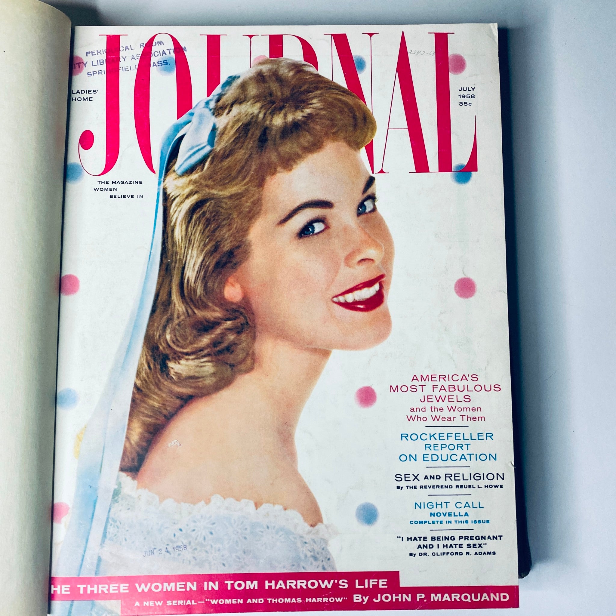 Ladies' Home Journal Library Bound Magazine 1958 Full Year January - December, featuring the cover of the July issue with an elegant model.