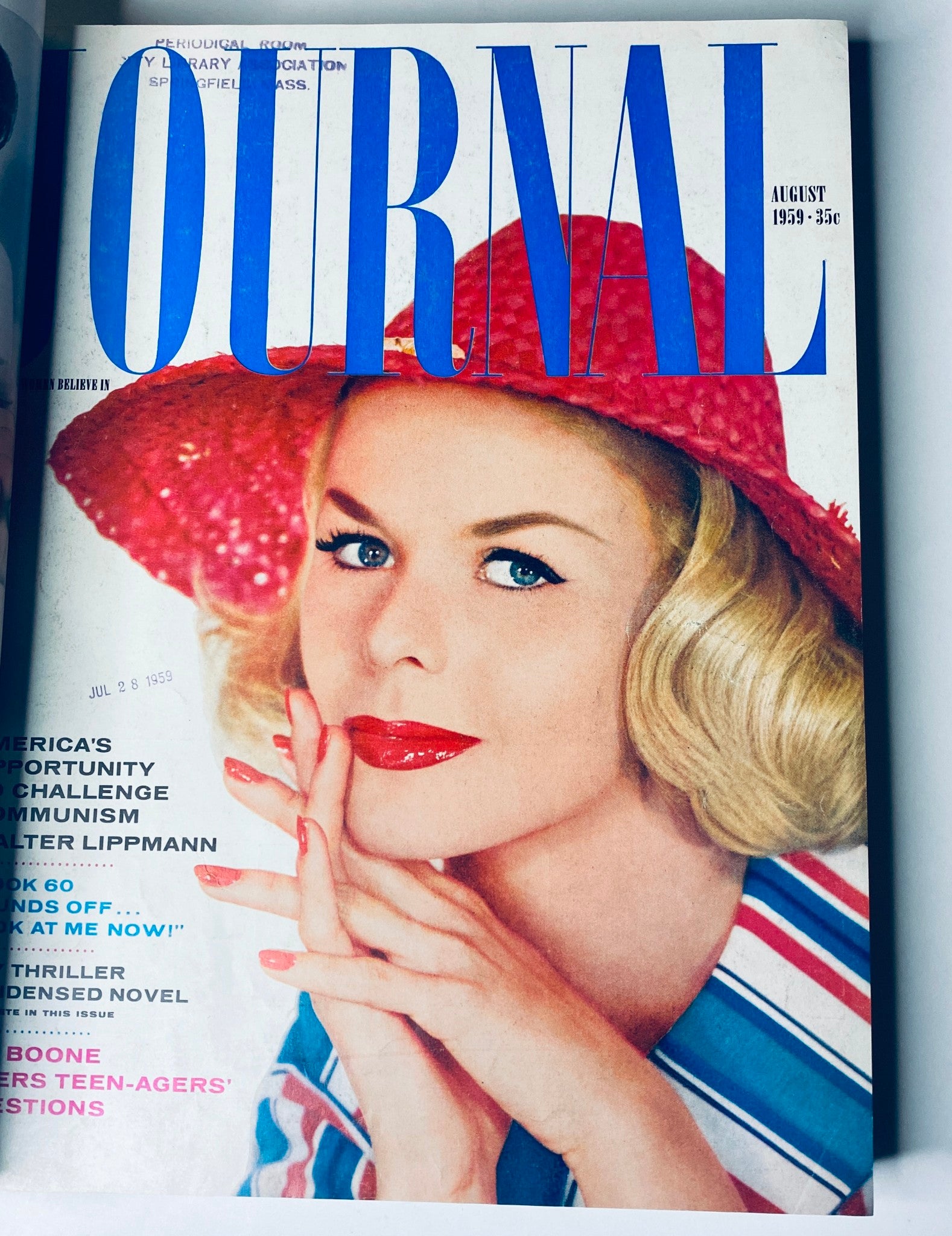 Ladies' Home Journal Bound Magazine August 1959 cover featuring a woman in a red hat, showcasing vibrant 1950s fashion.