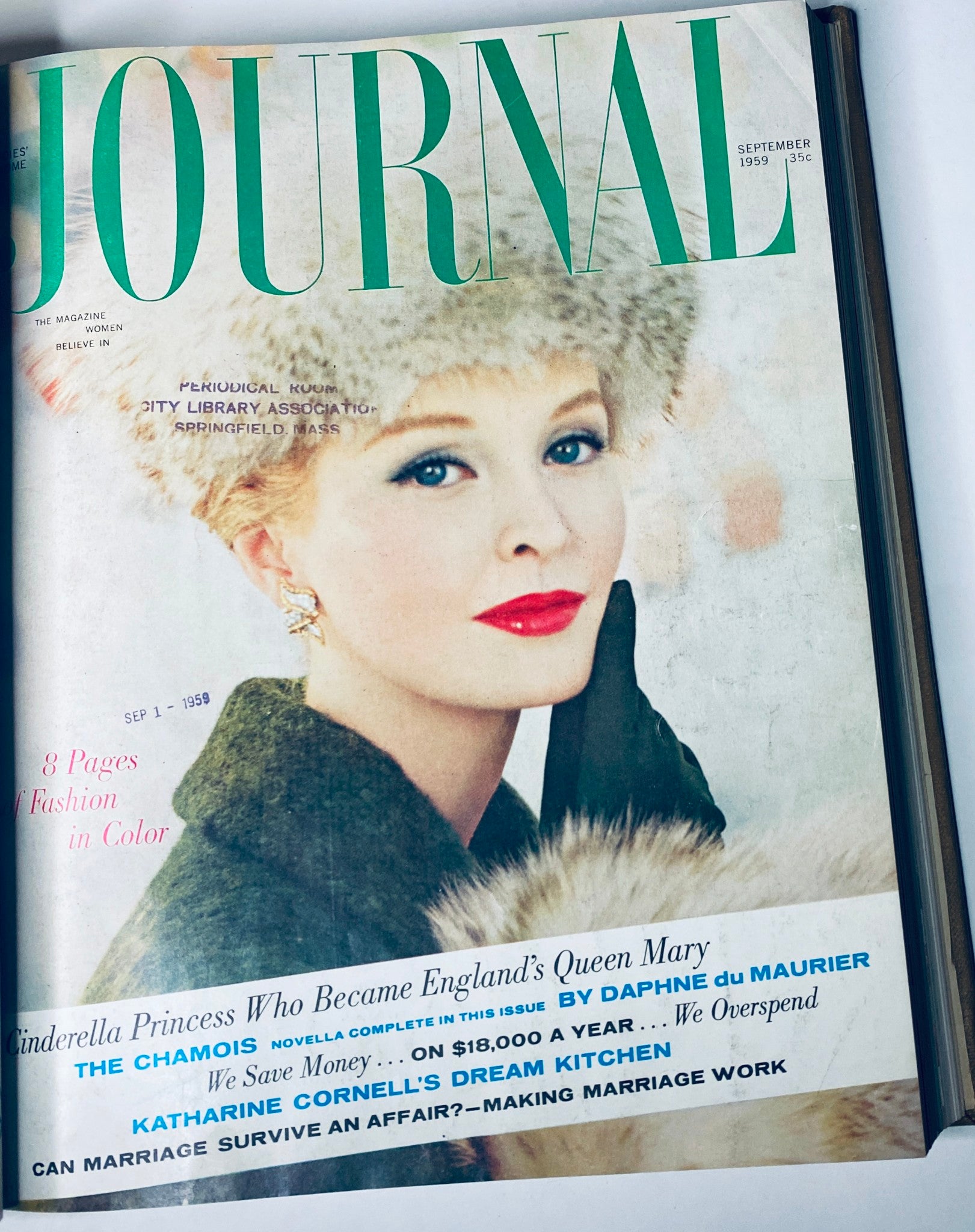 Ladies' Home Journal Bound Magazine September 1959 cover highlighting a woman in winter attire with a fur accessory, representing classic 1950s style.