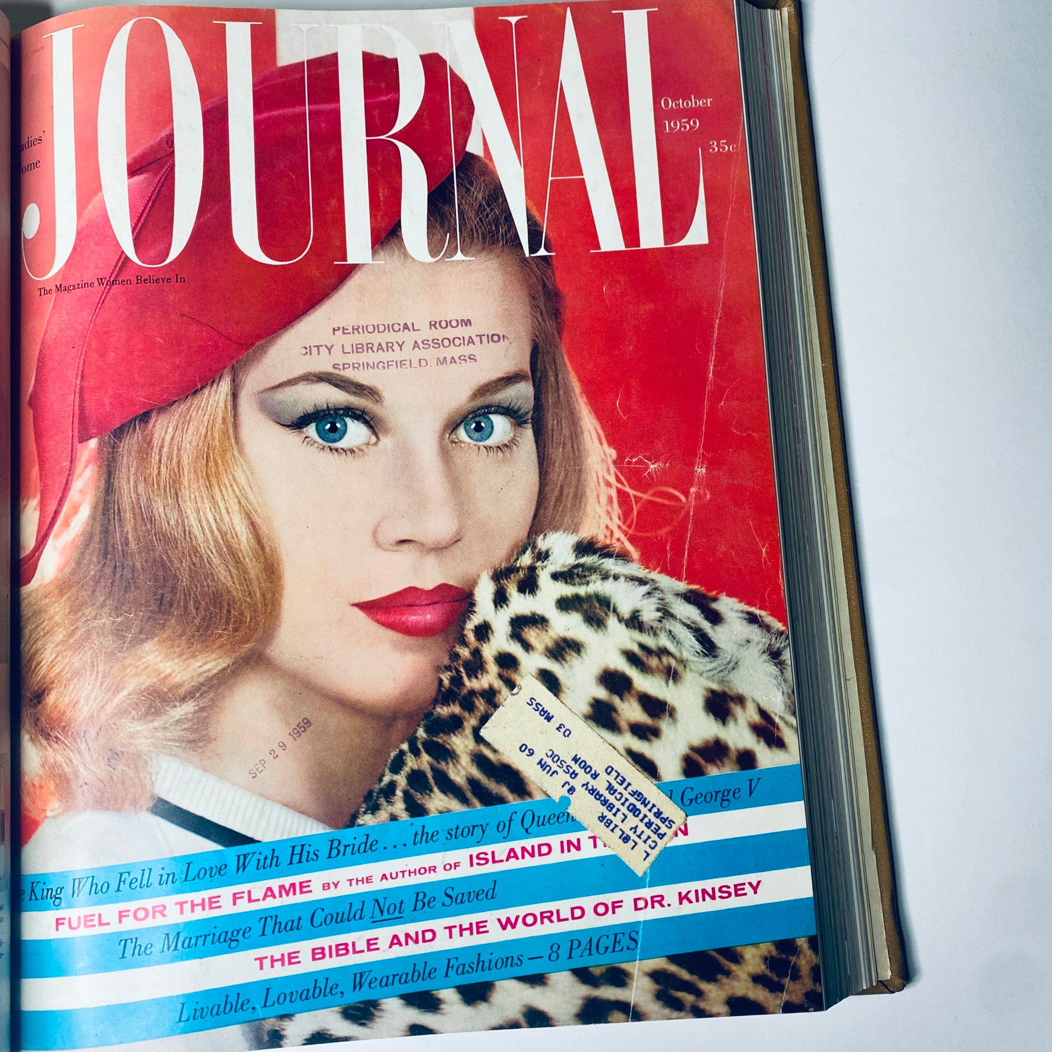 Ladies' Home Journal Bound Magazine October 1959 cover displaying a woman with bold red lipstick and a red hat, epitomizing 1950s glamour.