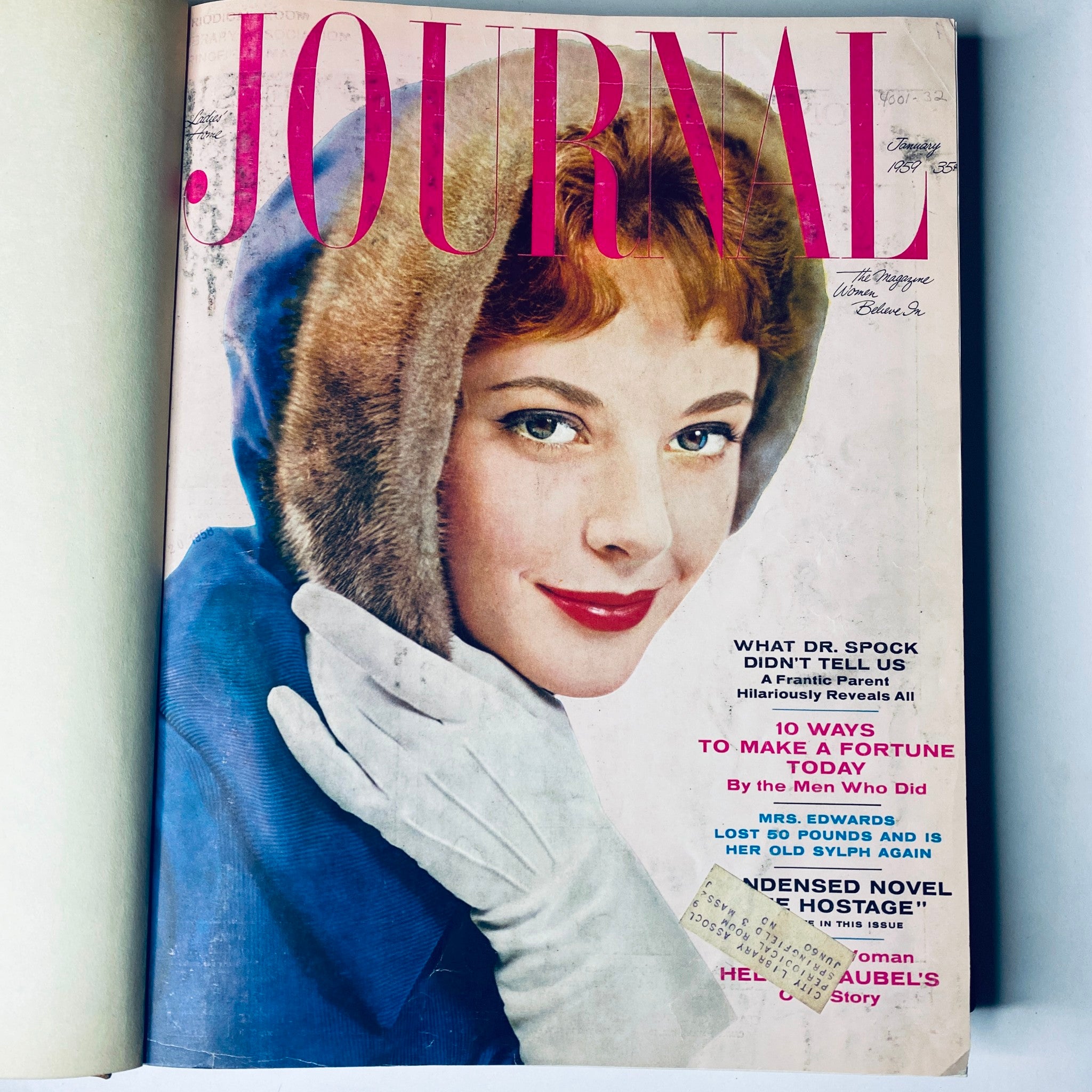 January 1959 cover of Ladies' Home Journal Bound Magazine, illustrating a stylish woman in fur, reflecting fashion trends and cultural themes of the late 1950s.